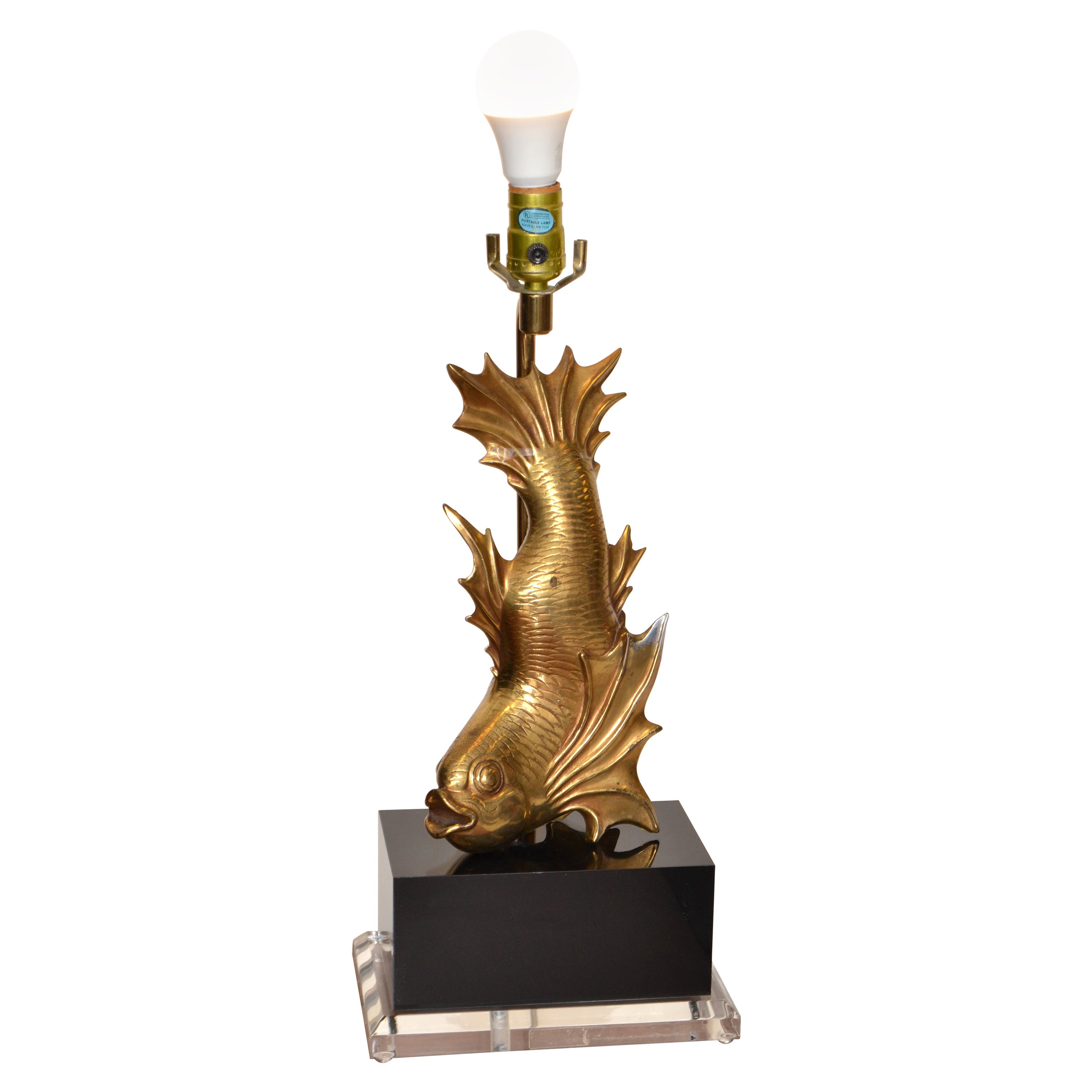 Asian Modern Japanese Brass Dragon Cast Koi Fish Sculptural Table Lamp On Lucite For Sale
