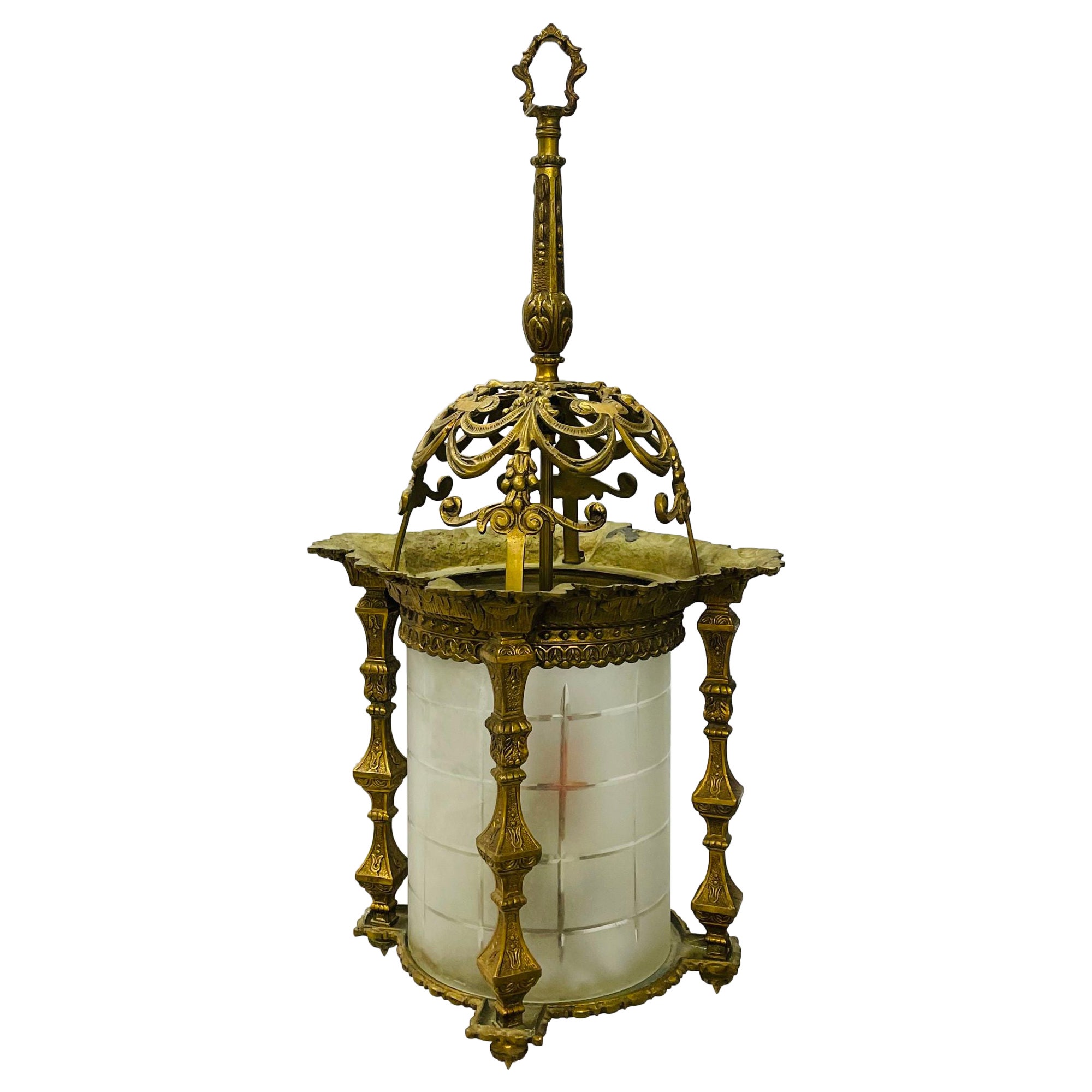 Empire Dore Lantern Chandelier, Frosted Etched Glass, 19th Century, Solid Bronze For Sale