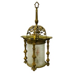 Antique Empire Dore Lantern Chandelier, Frosted Etched Glass, 19th Century, Solid Bronze