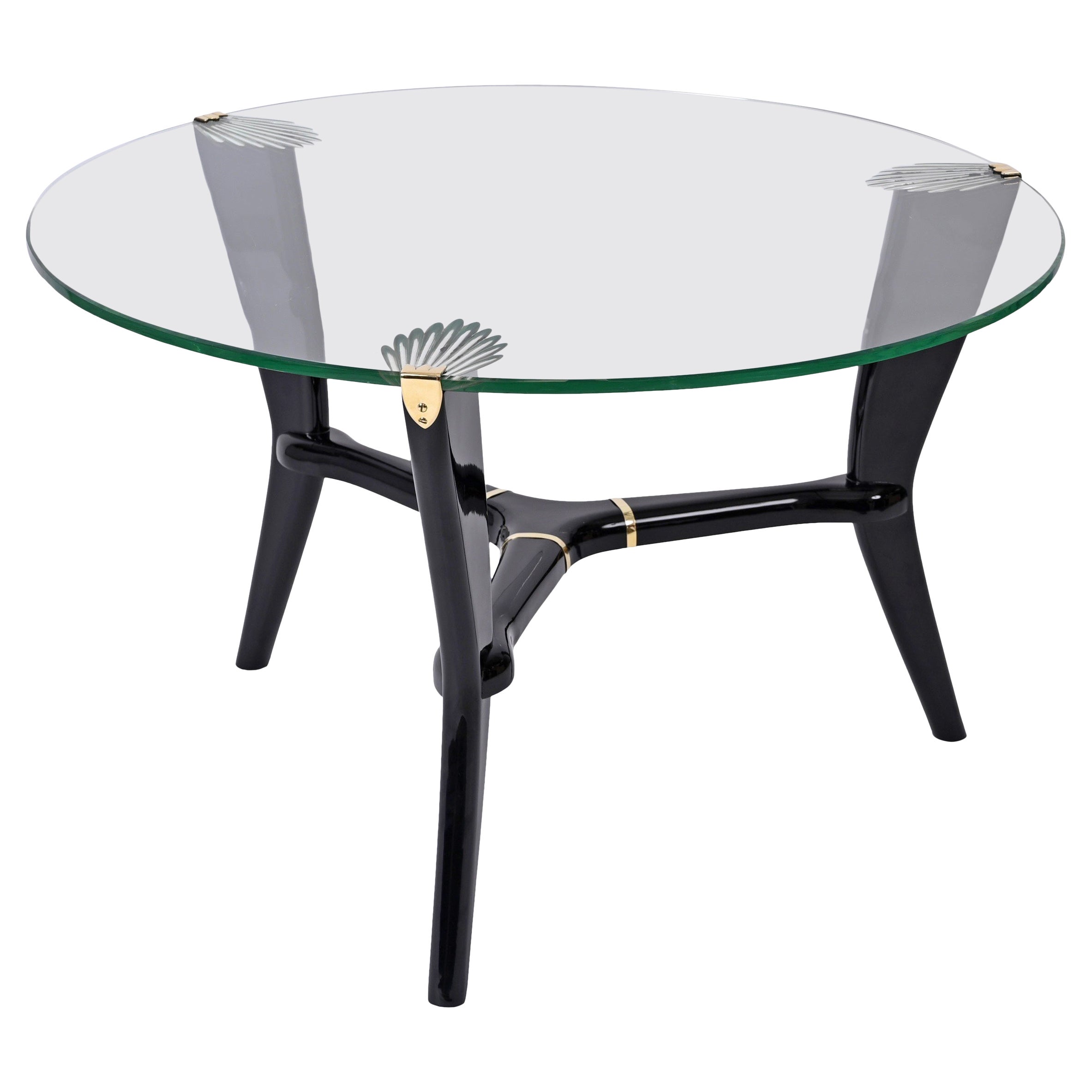 Deco Ebonized Wood and Glass Round Italian Coffee Table, Gio Ponti Style 1940s