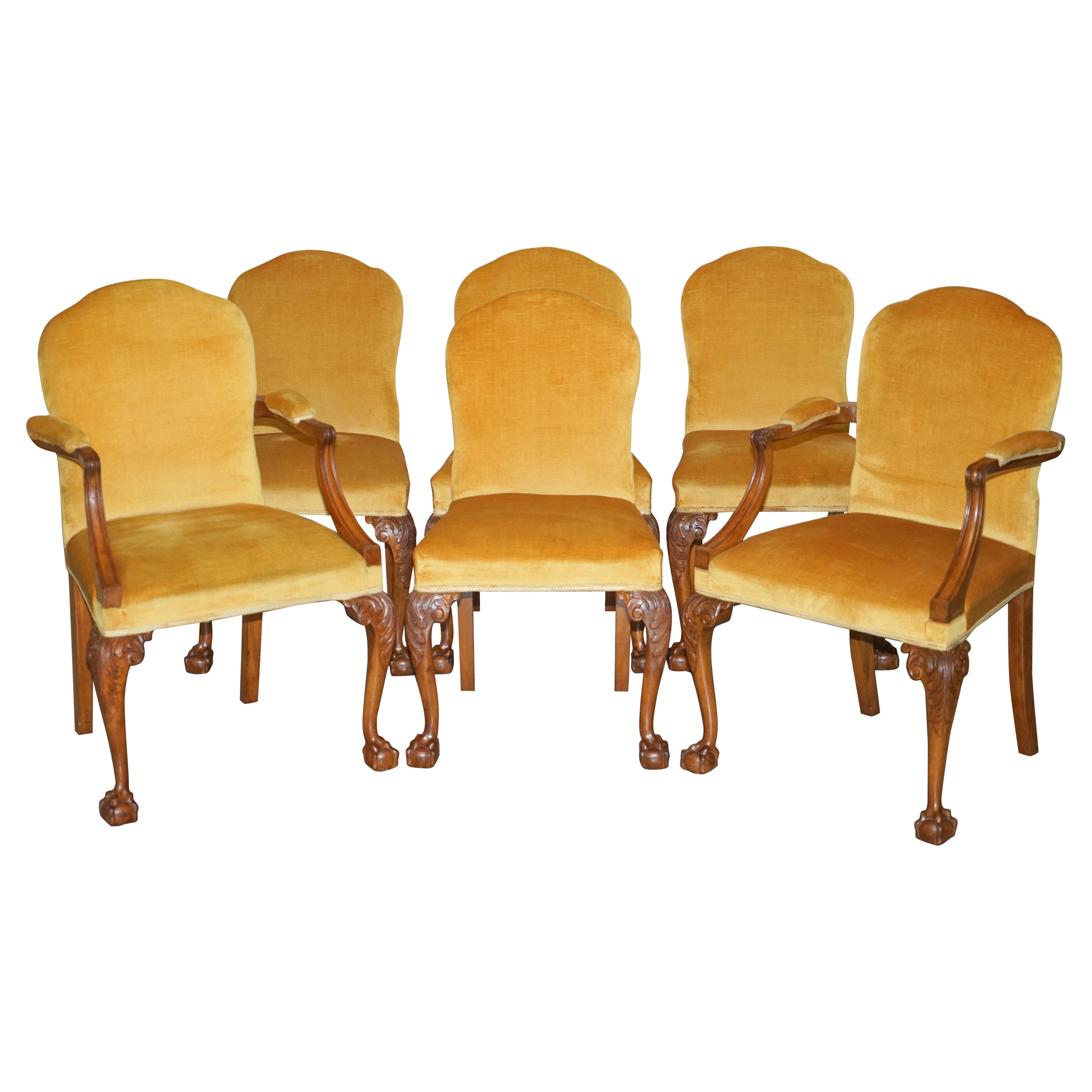 Fine Set of Six Solid Hand Carved Walnut Claw & Ball Feet Art Deco Dining Chairs For Sale