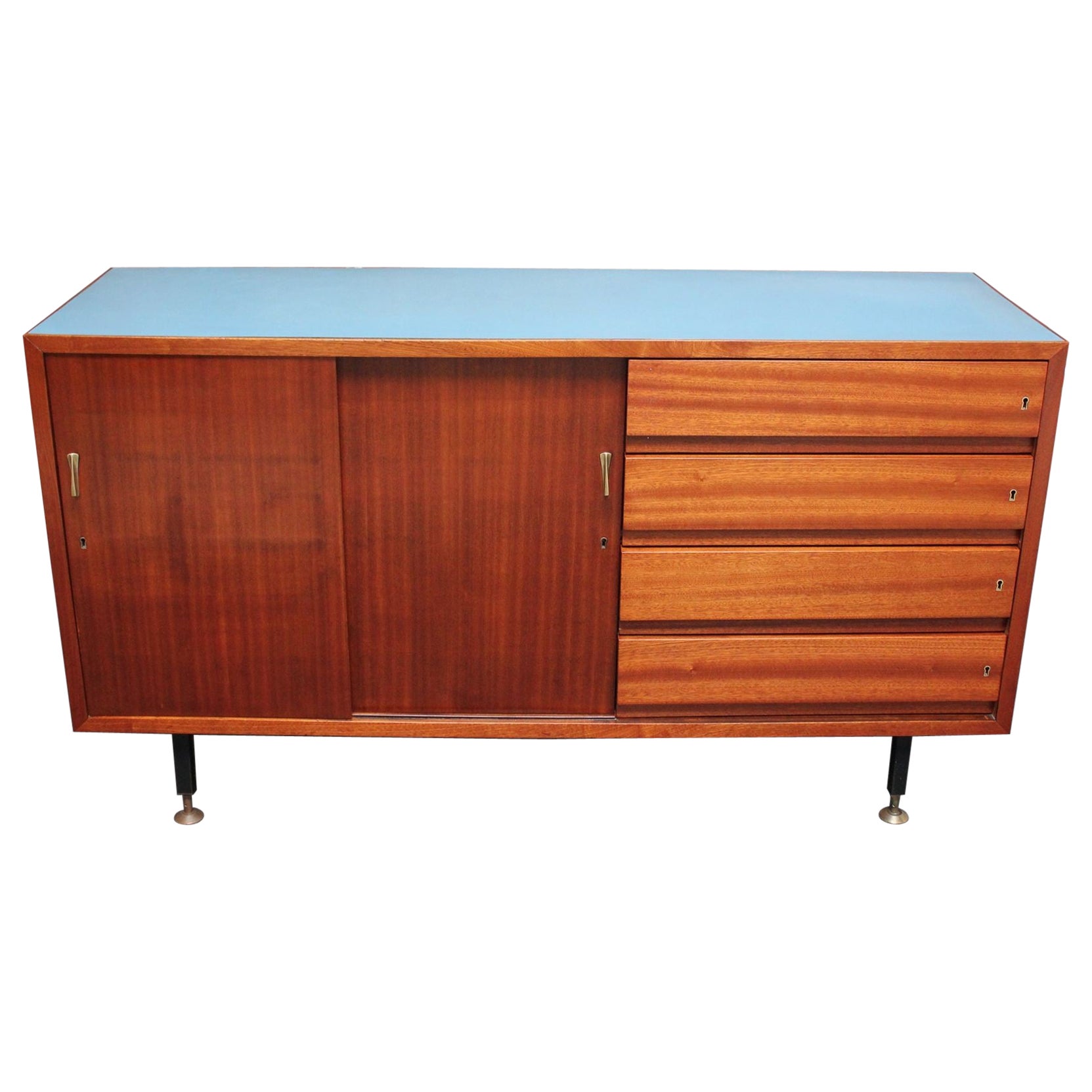 Mid-Century Italian Modern Mahogany Credenza with Blue Laminate Surface For Sale