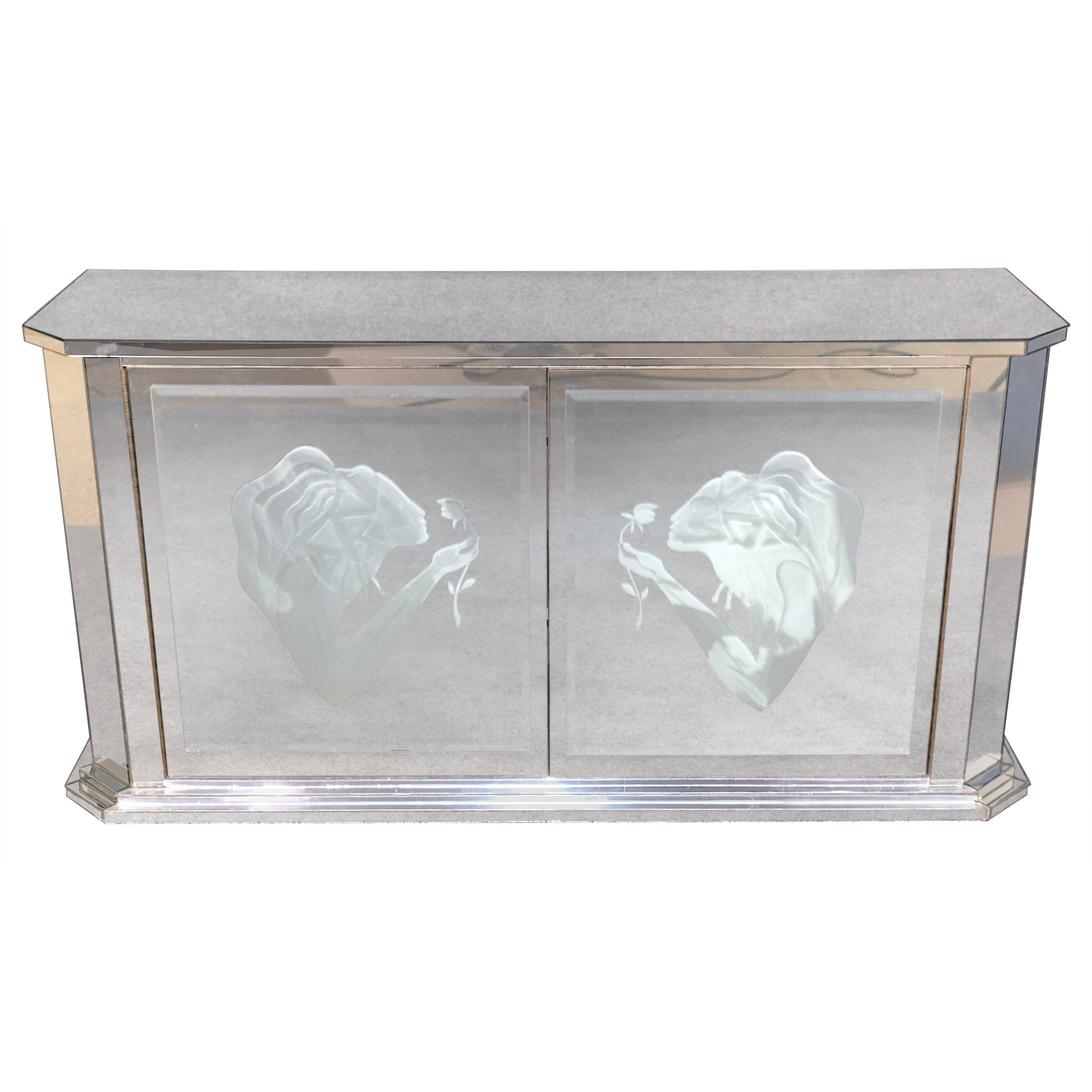Mirrored Etched Glass Cabinet For Sale