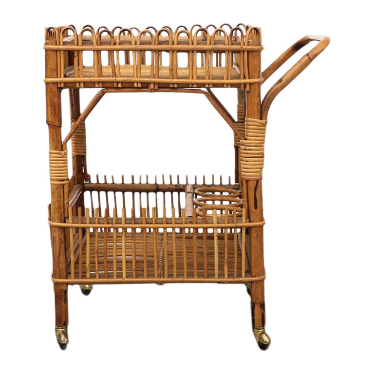 Mid-Century Franco Albini Inspired Bamboo Bar Cart w/ Lower Shelf & Brass Wheels For Sale
