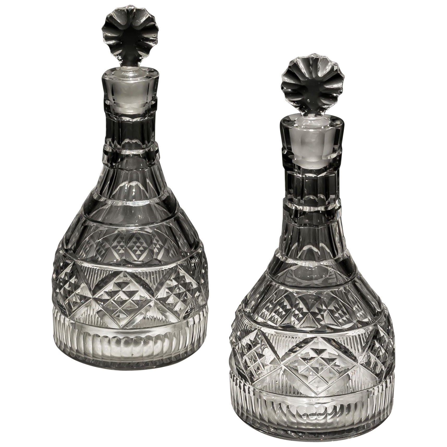 Unusual Pair of Irish Cut Glass Decanters For Sale