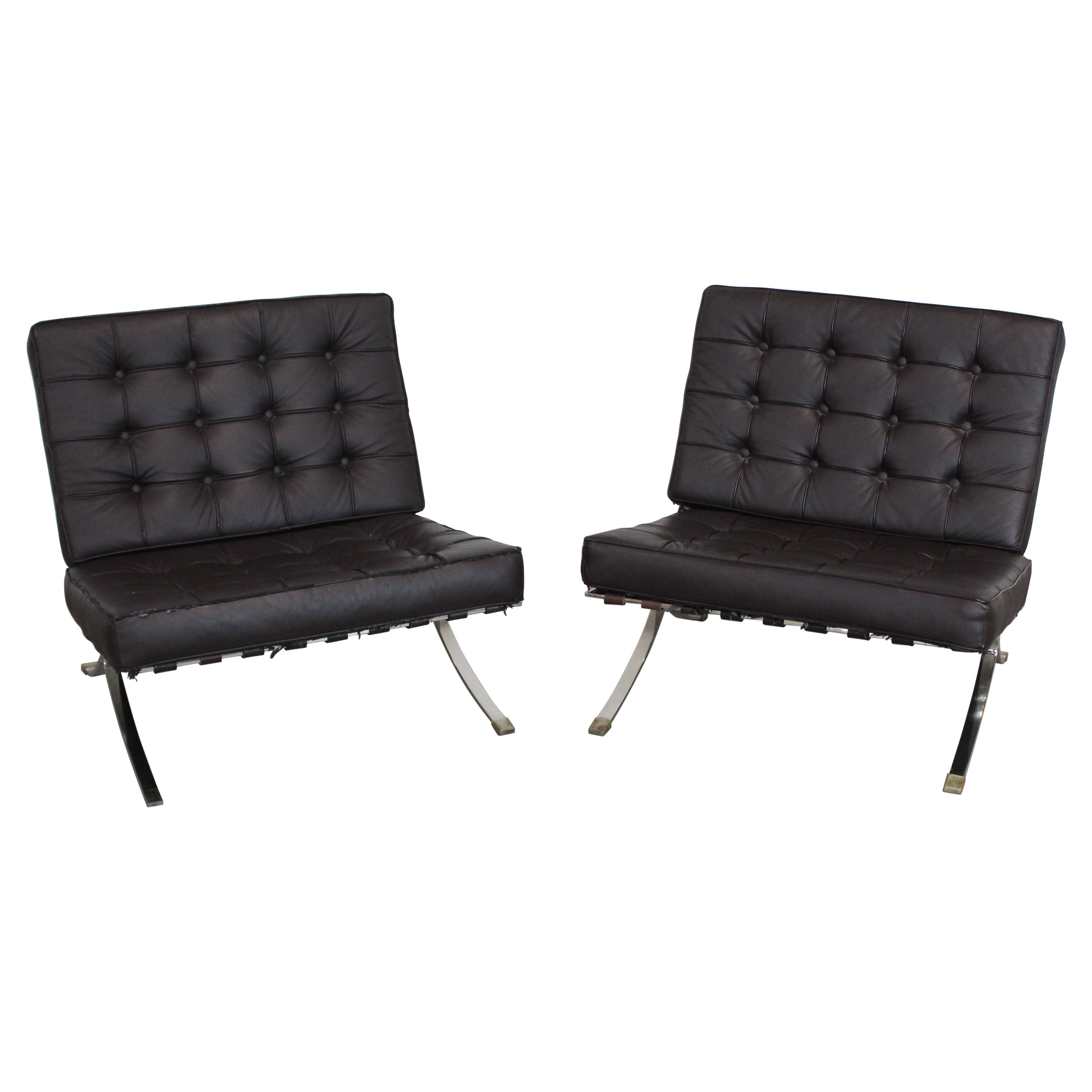 Pair of Vintage Mid-Century Modern Chrome Barcelona Style Lounge Chairs For Sale