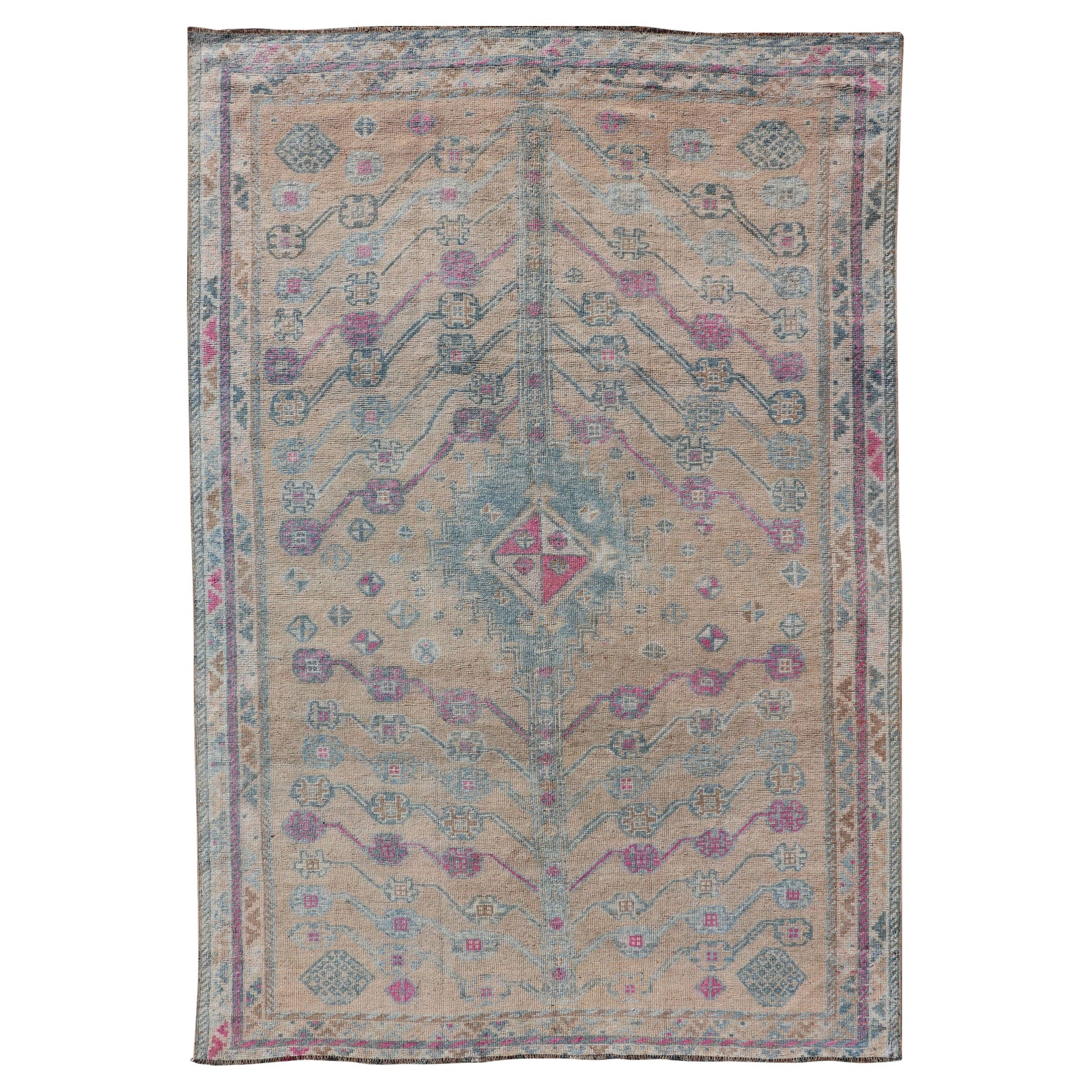 Vintage Persian Shiraz with Tribal Design in Soft Yellow, Pink, and Blue Gray