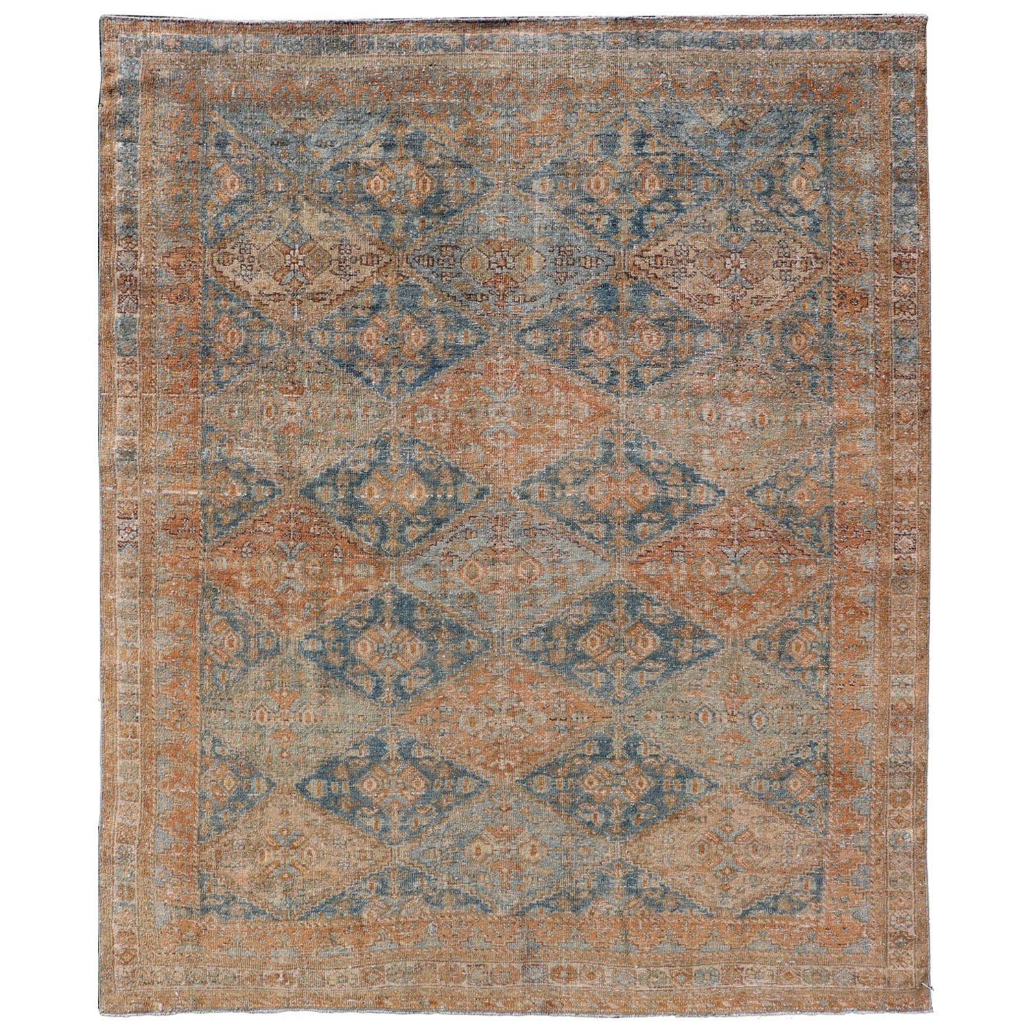 Antique Persian Kurdish Rug with All-Over Geometric Medallion in Orange & Blue  For Sale