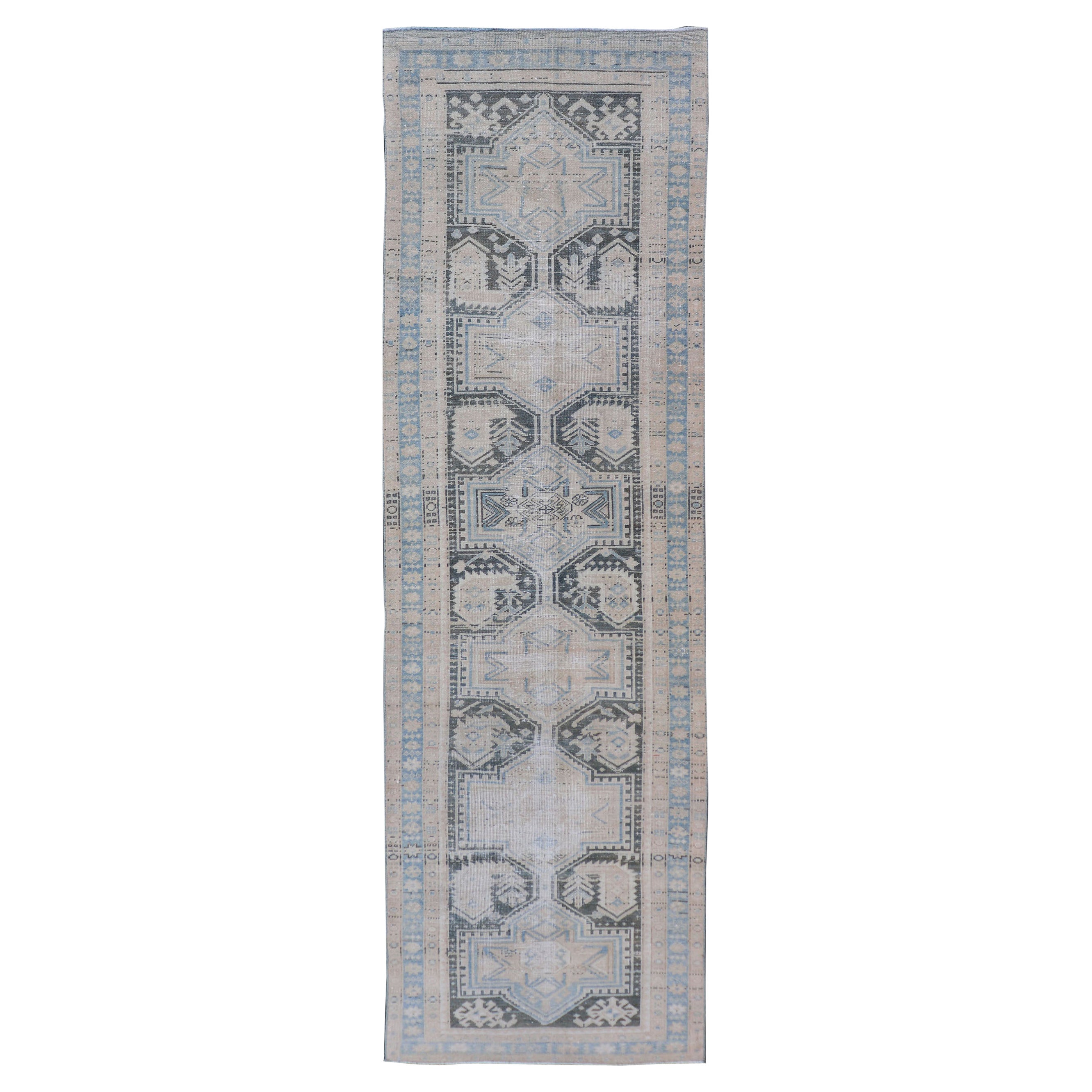 Antique Persian Hamadan Runner with All-Over Medallion Design in Lt. Blue  For Sale