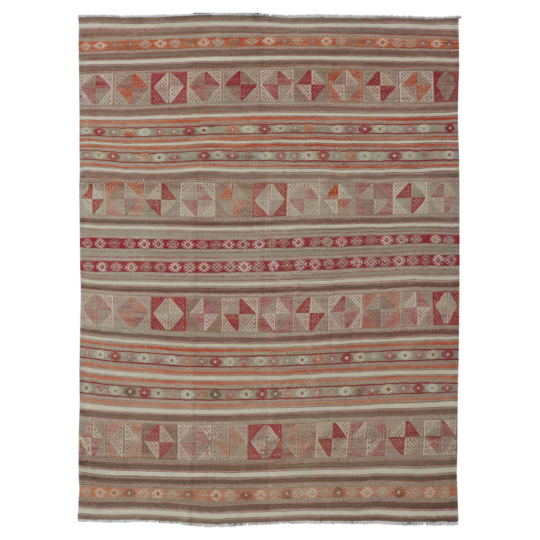 Colorful Turkish Vintage Embroidered Kilim with Stripes and Geometric Motifs For Sale