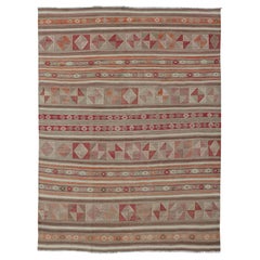 Colorful Turkish Vintage Embroidered Kilim with Stripes and Geometric Motifs