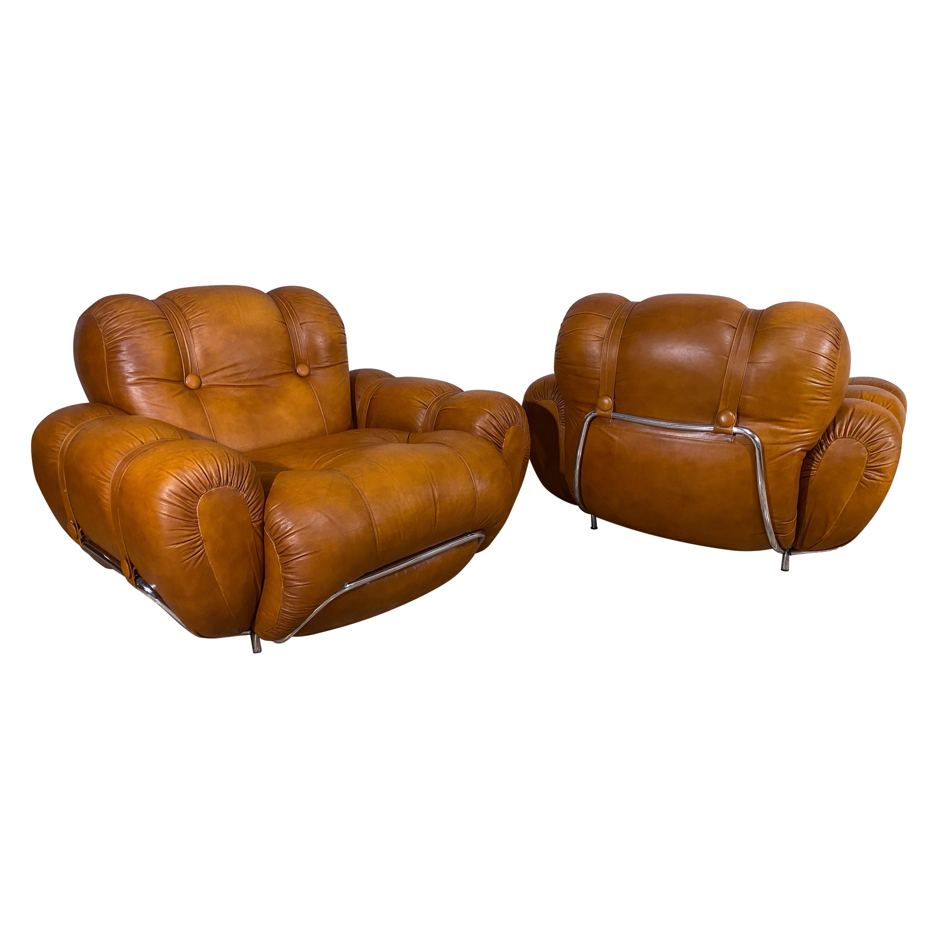 Italian Mid-Century Natural Leather Space Age Armchairs, 1970s For Sale