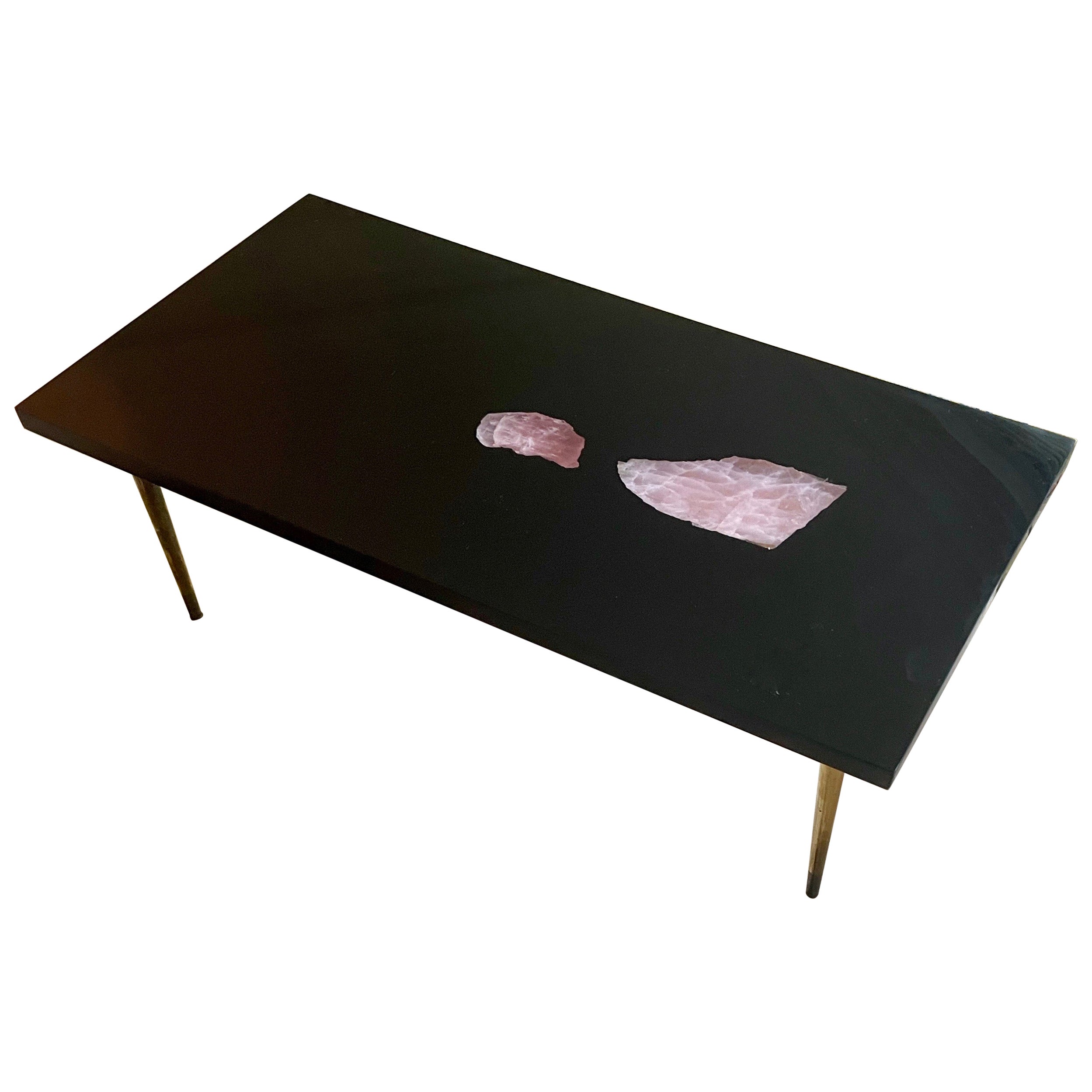 Low Resin and Quartz Table with Brass Legs Signed Philippe Barbier, France 1960 For Sale