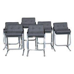 Retro Set of Six Chrome and Fabric Bar Stools by Jerry Johnson