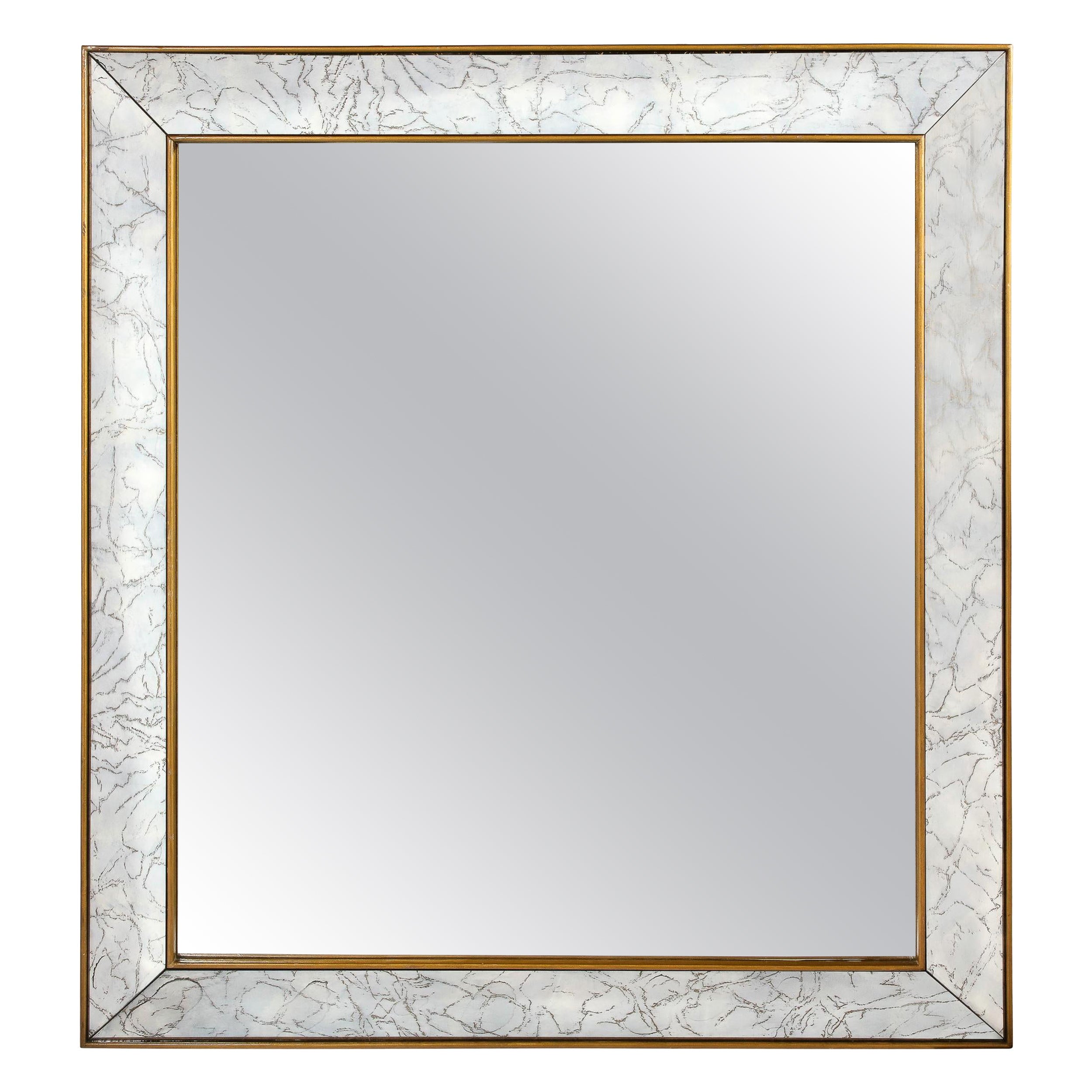 Miroir en forme de boîte d'ombre, moderne du milieu du siècle dernier, avec détails dorés et bordures en marbre doré