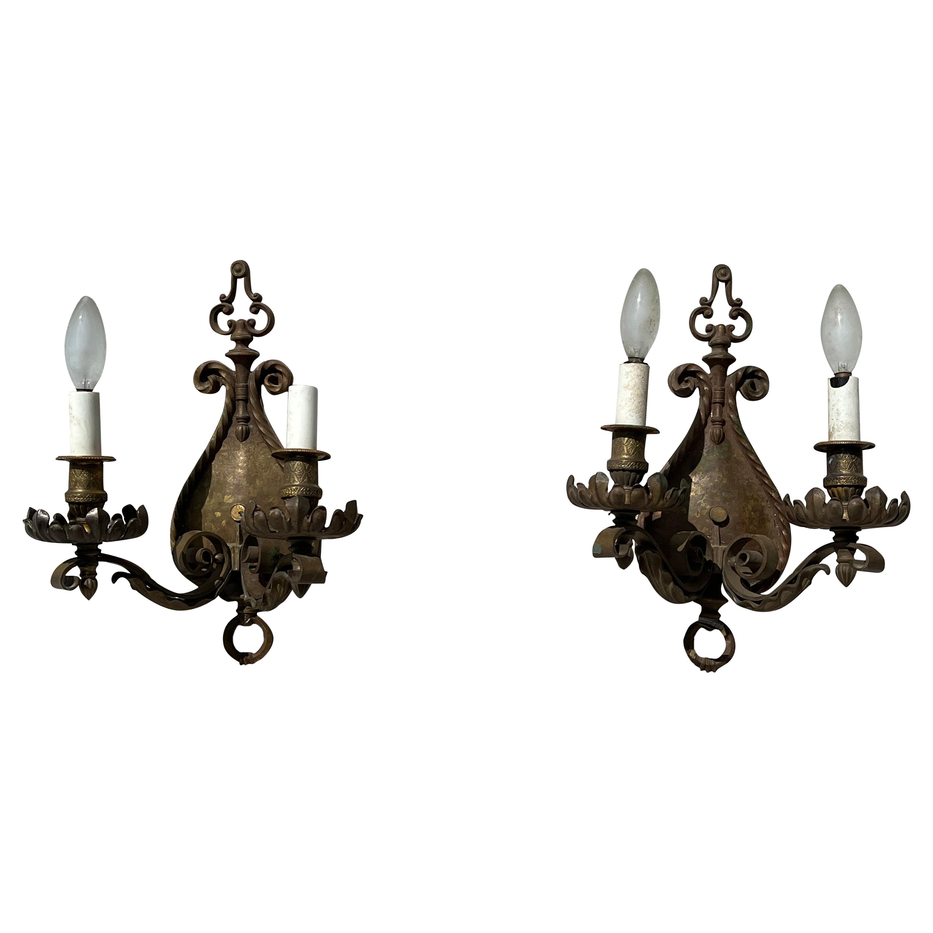 Pair of Antique 2-Arm Sconces in Bronze For Sale