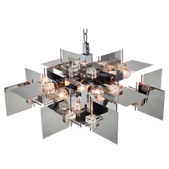 1965 Sciolari Chrome Chandelier with Lucite Cubes and Brass Rods, Italy