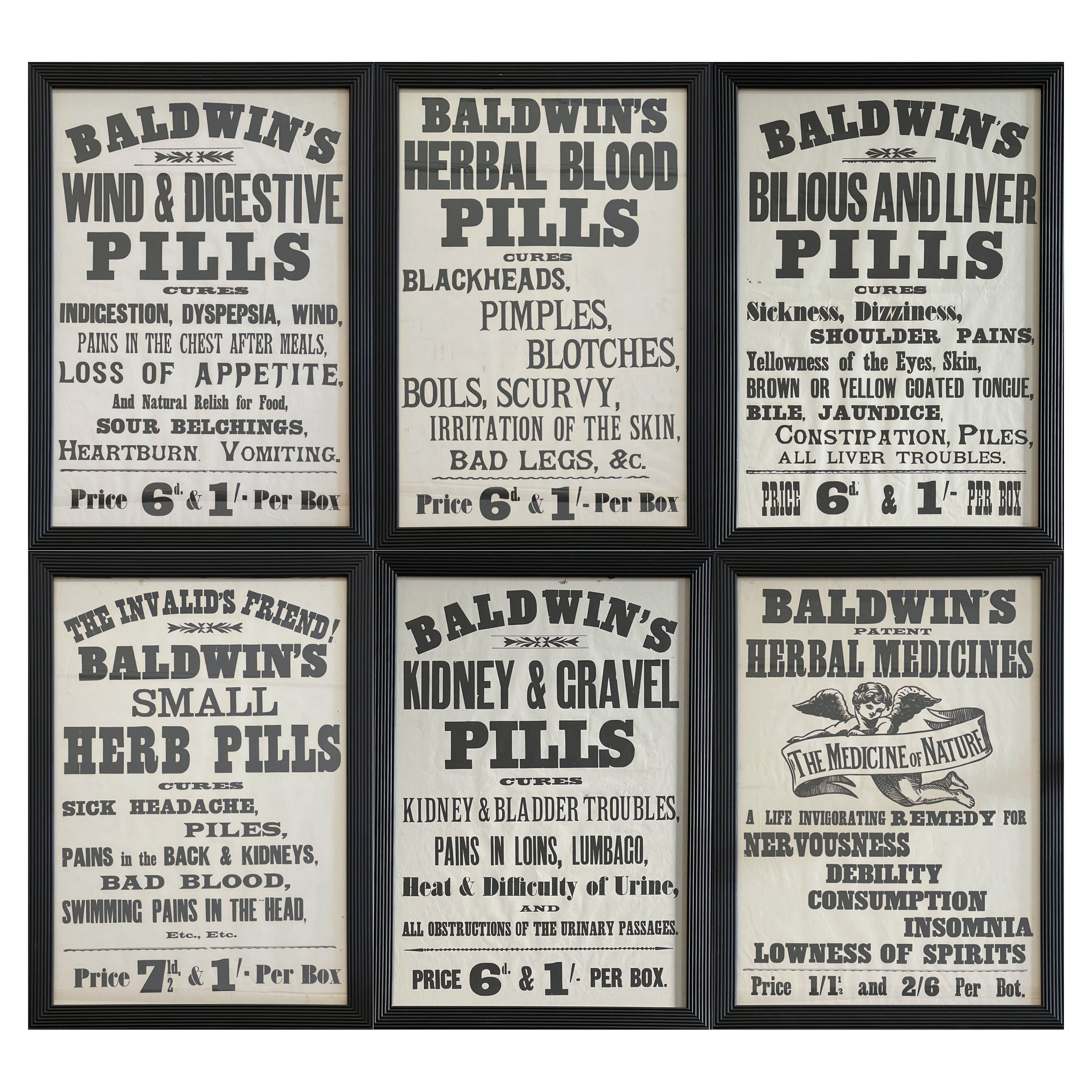 Set of Six Original Victorian 'Baldwin's Pills' Vintage Framed Posters C.1890