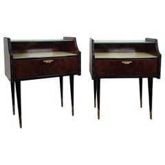 Used Italian Midcentury Art Deco Nightstands Bed Side Tables Wood Brass & Glass