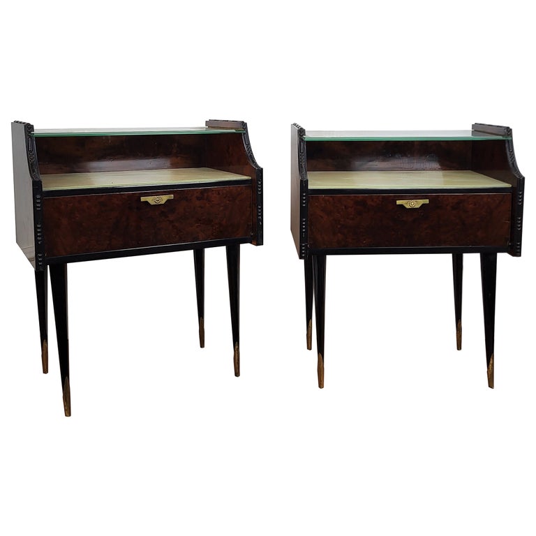 Italian Midcentury Art Deco Nightstands Bed Side Tables Wood Brass & Glass For Sale