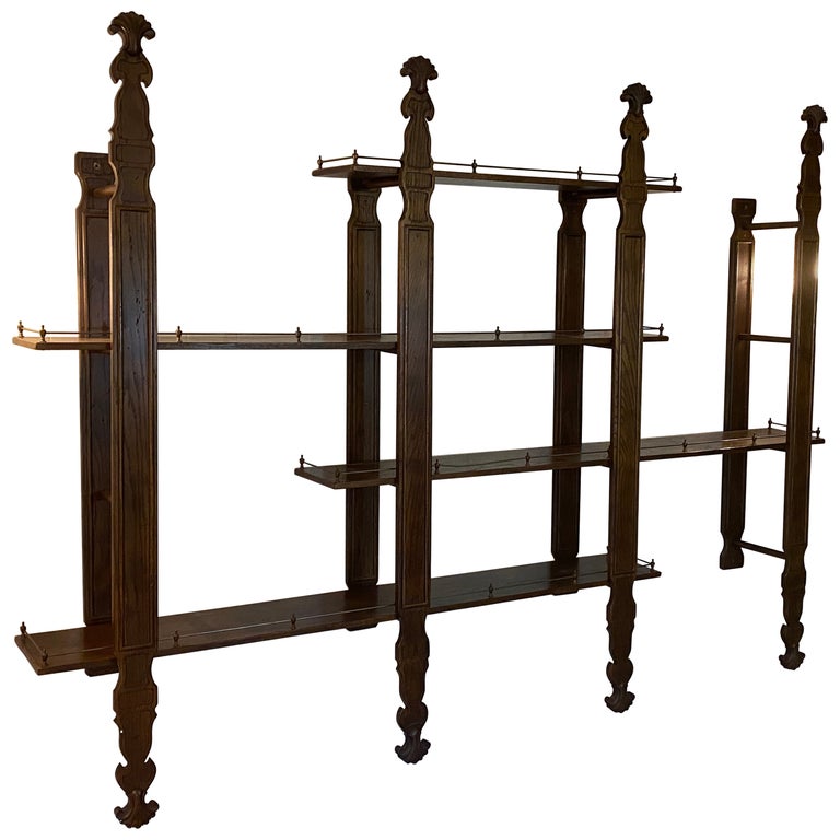 Italianate Solid Oak with Brass Gallery Wall Mounted Shelving For Sale