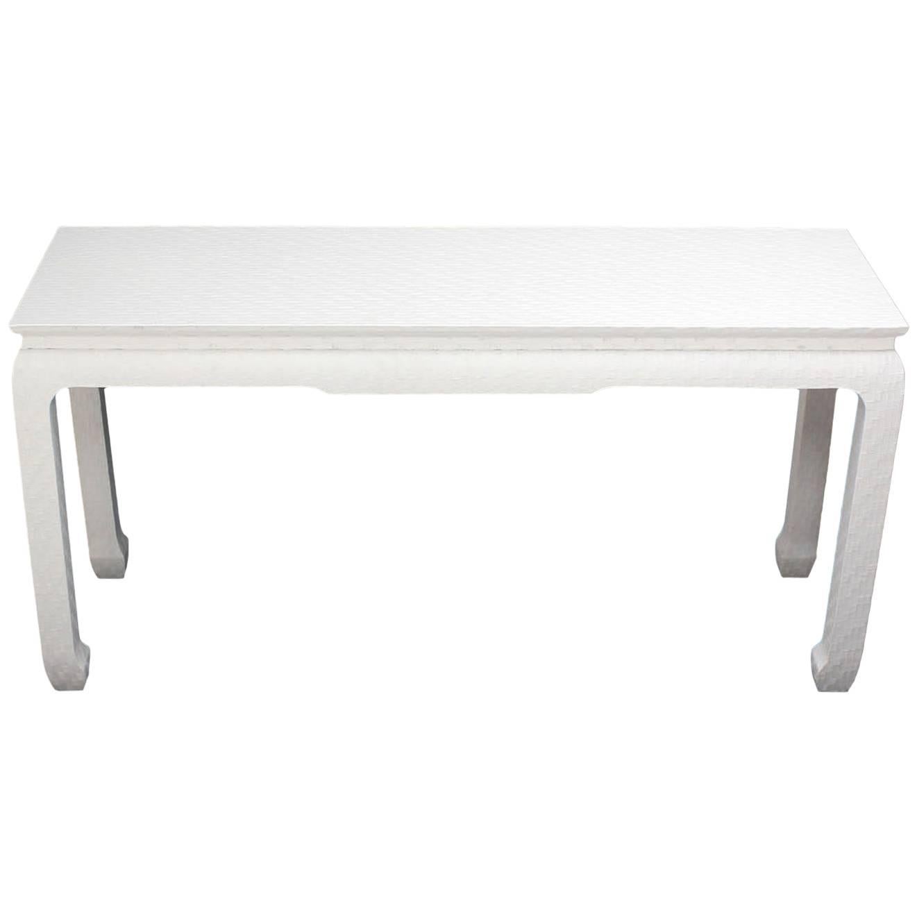 Grass Cloth Raffia Covered White Lacquer Console Sofa Table by Baker