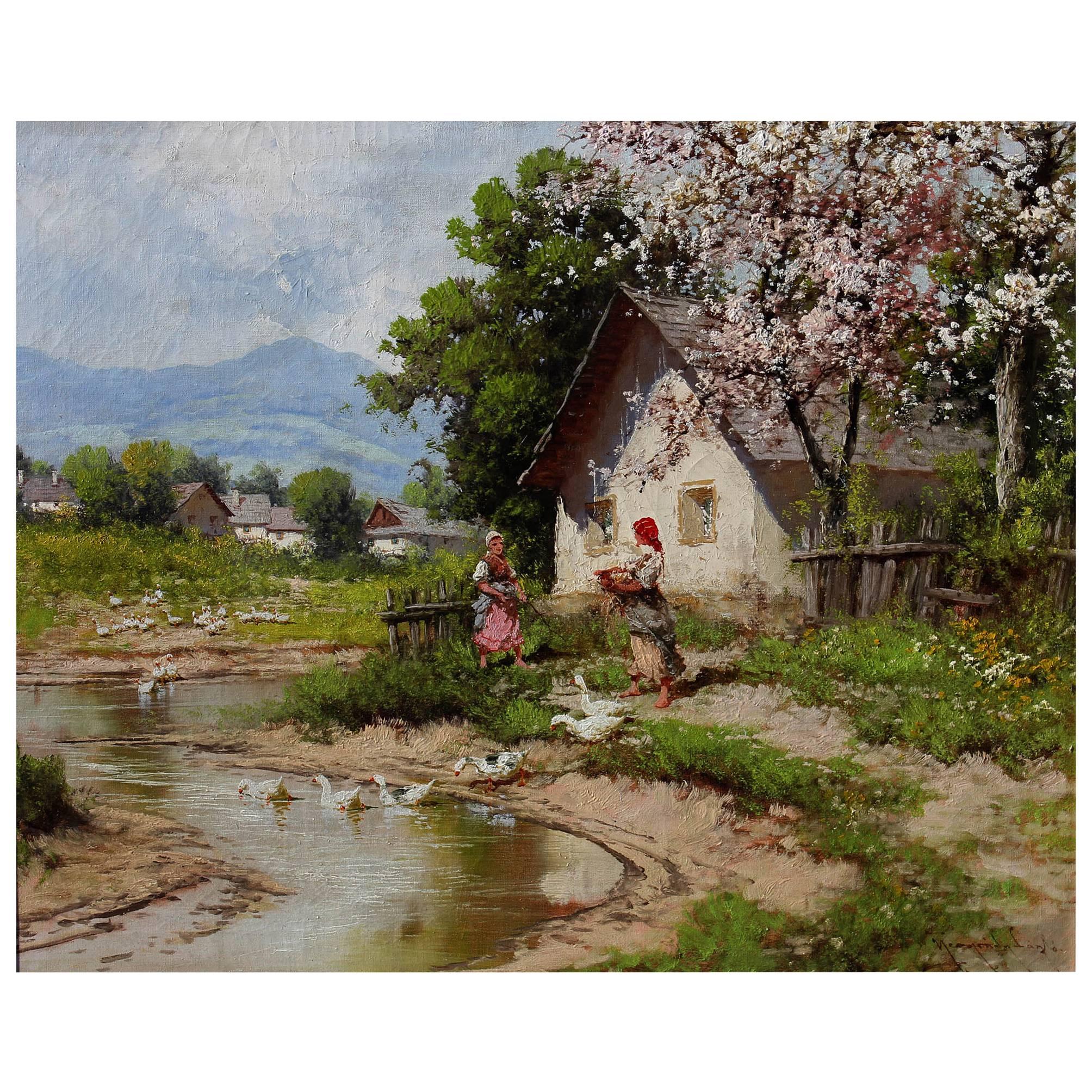 "Tending the Geese" Oil on Canvas by Laszlo Neogrady