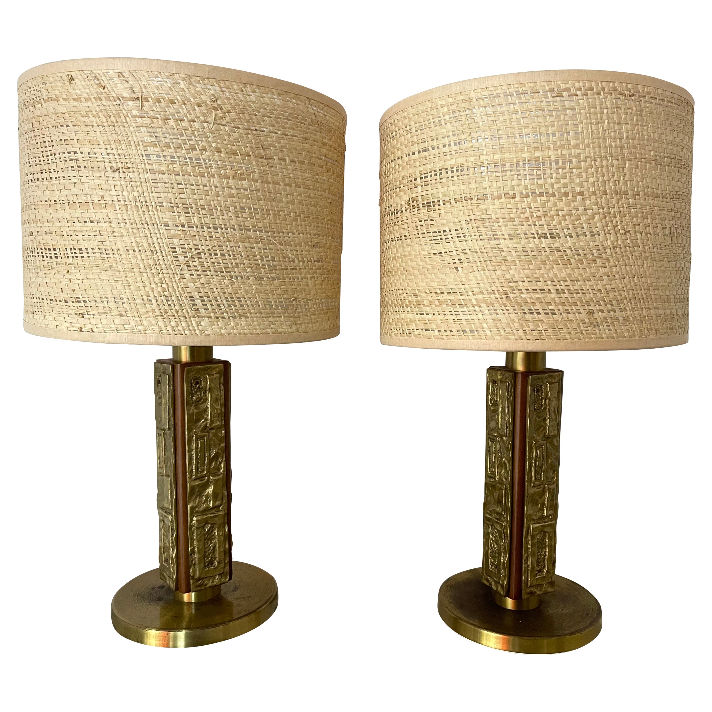 Pair of Brass and Wood Sculpture Lamps by Angelo Brotto for Esperia Italy, 1970s For Sale