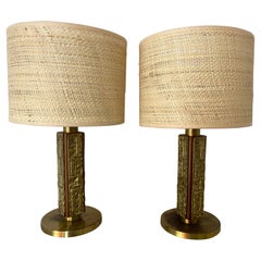 Vintage Pair of Brass and Wood Sculpture Lamps by Angelo Brotto for Esperia Italy, 1970s