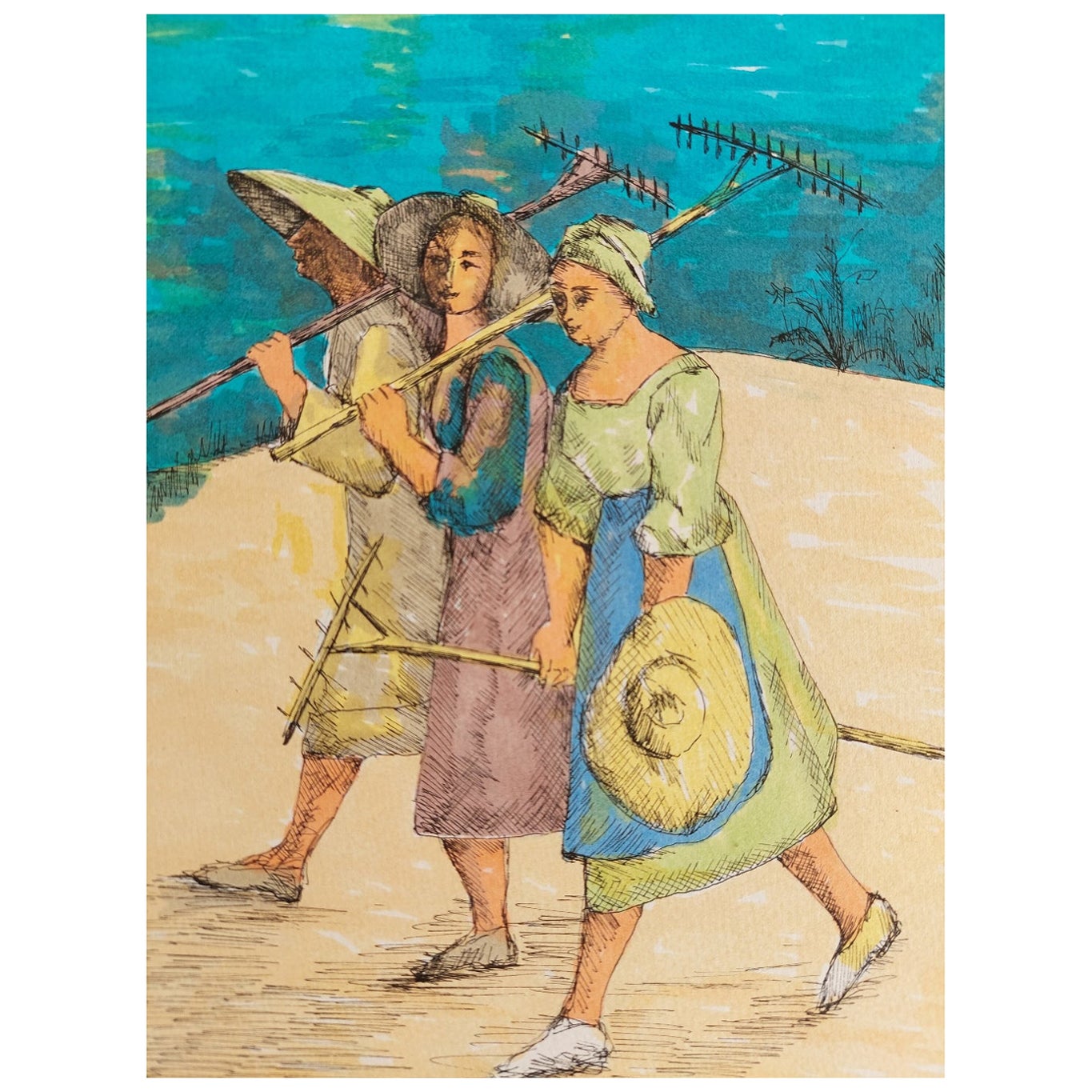 20th Century French Modernist Painting, Farmworkers For Sale