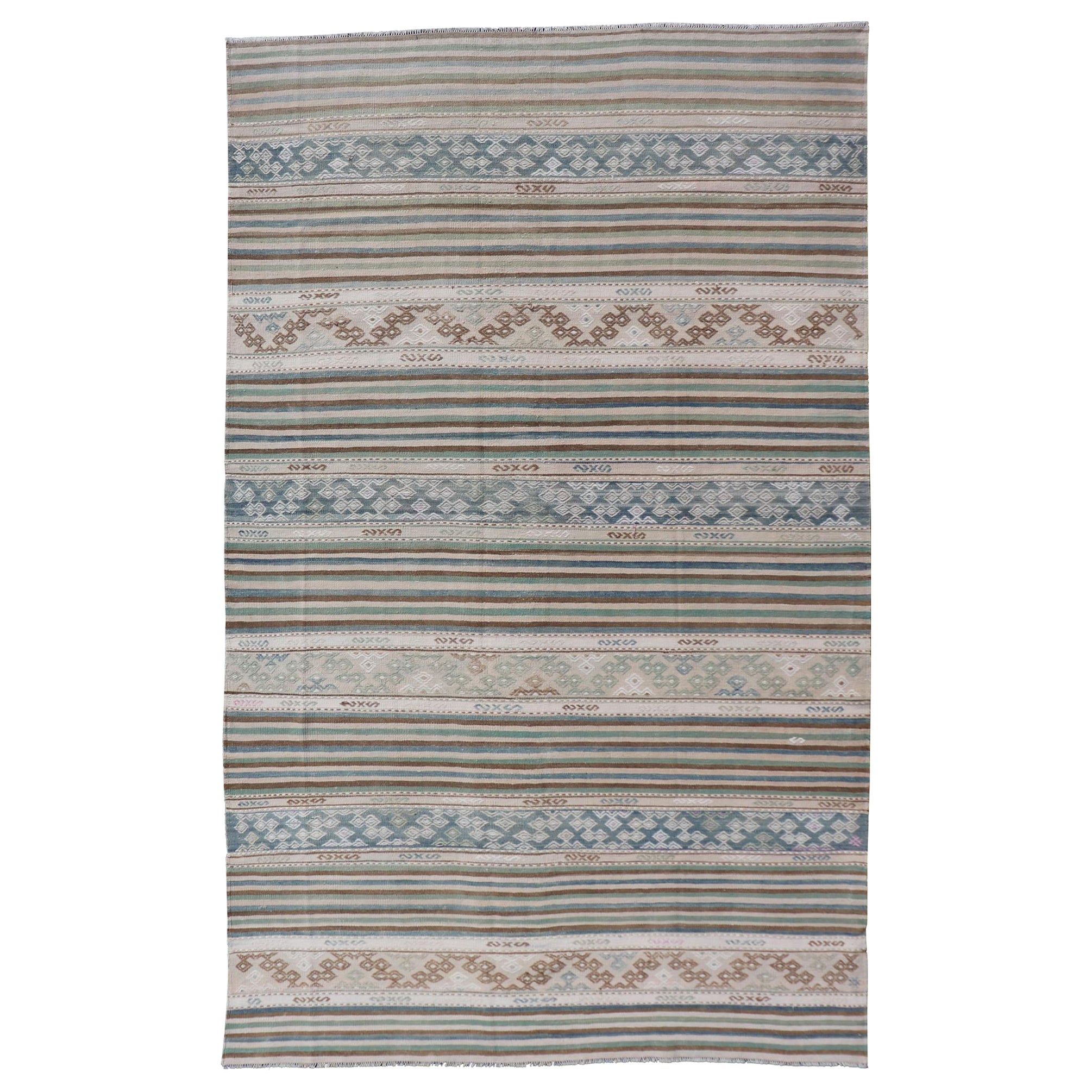 Turkish Flat-Weave Kilim with Stripes and Embroideries In Blue, Green, and Cream For Sale
