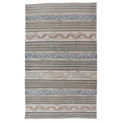 Turkish Flat-Weave Kilim with Stripes and Embroideries In Blue, Green, and Cream