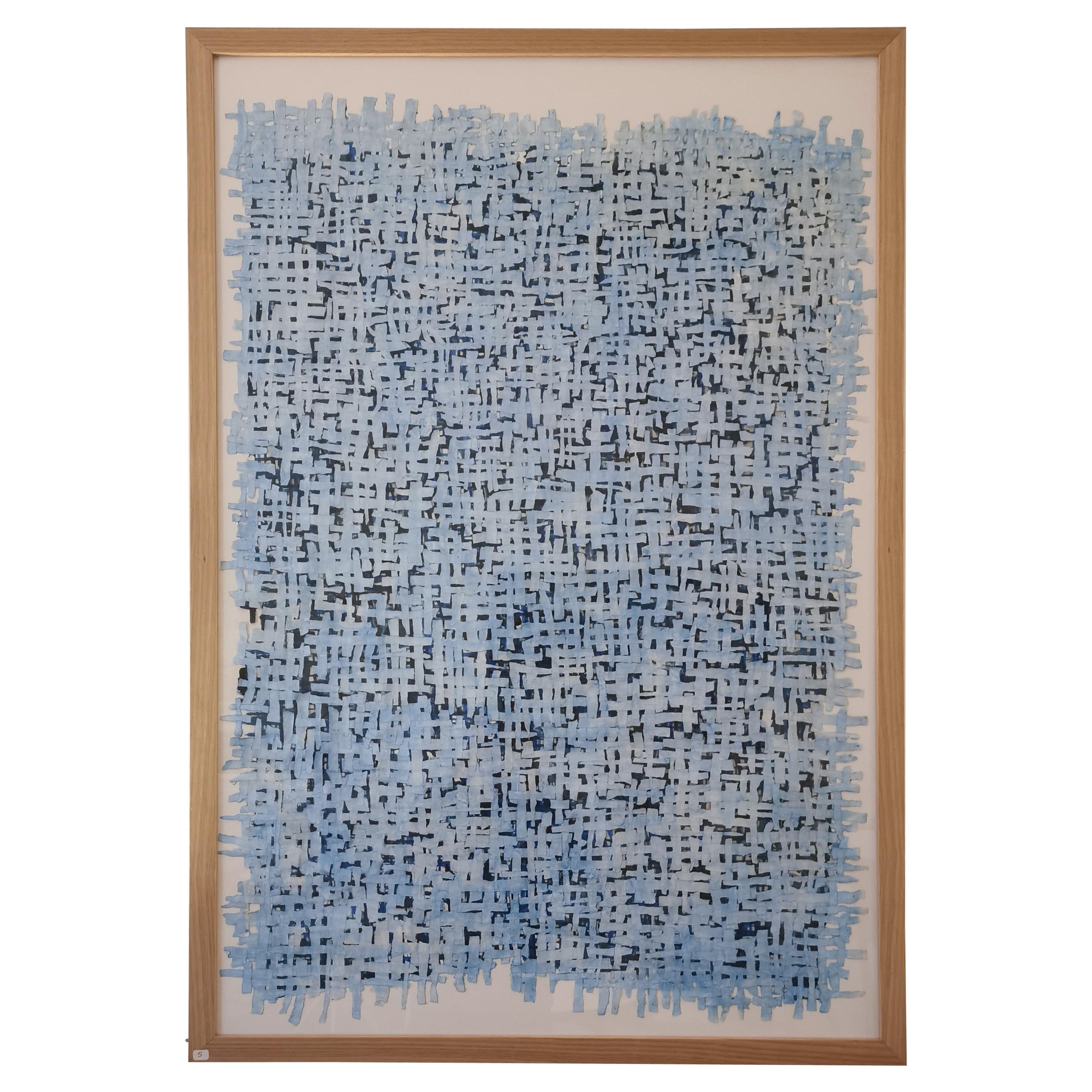 Grande Technique Mixte De Cécile Morin-Verdier, Tissage Papier Bleu For Sale