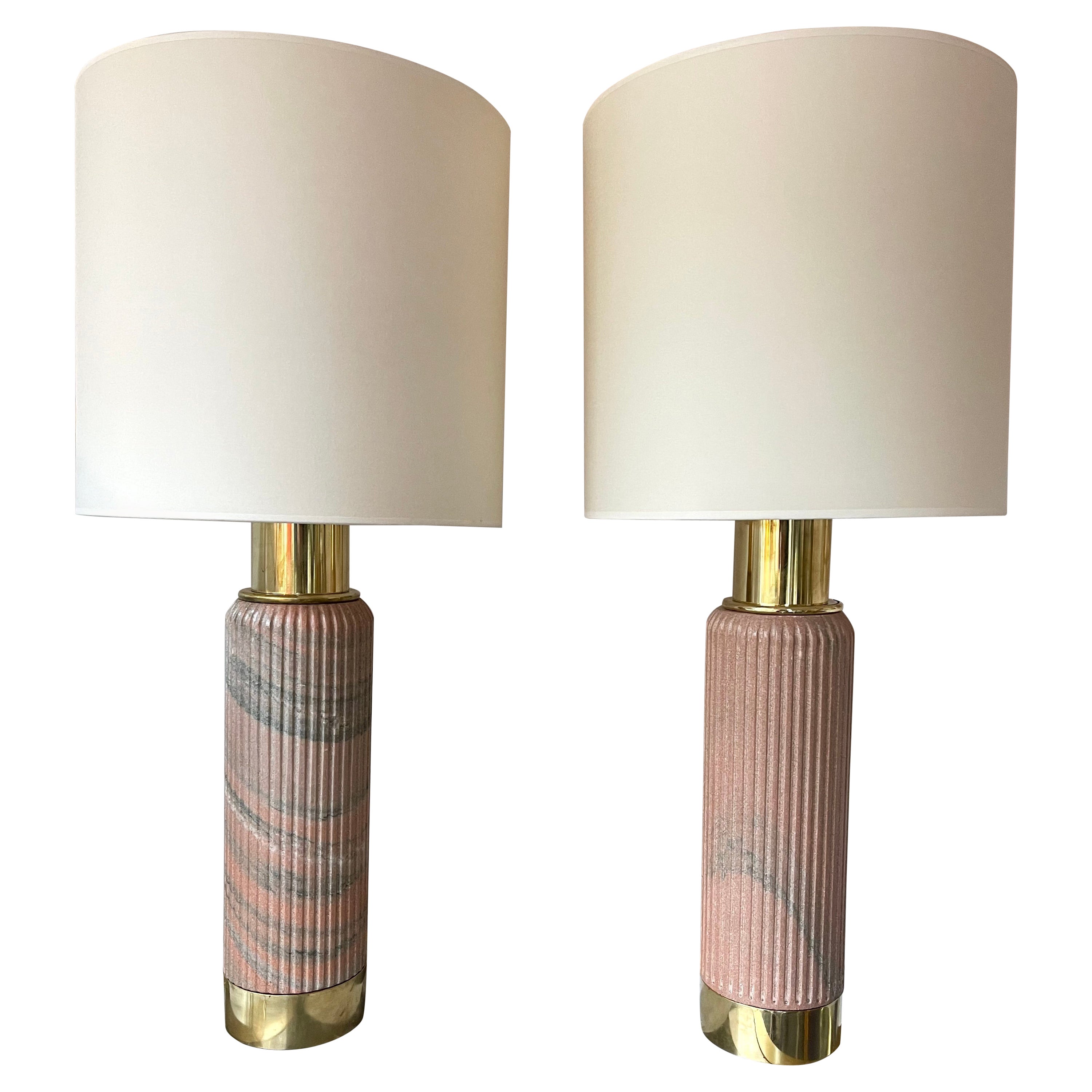 Contemporary Pair of Brass Lamps Pink Granite Stone, Italy For Sale