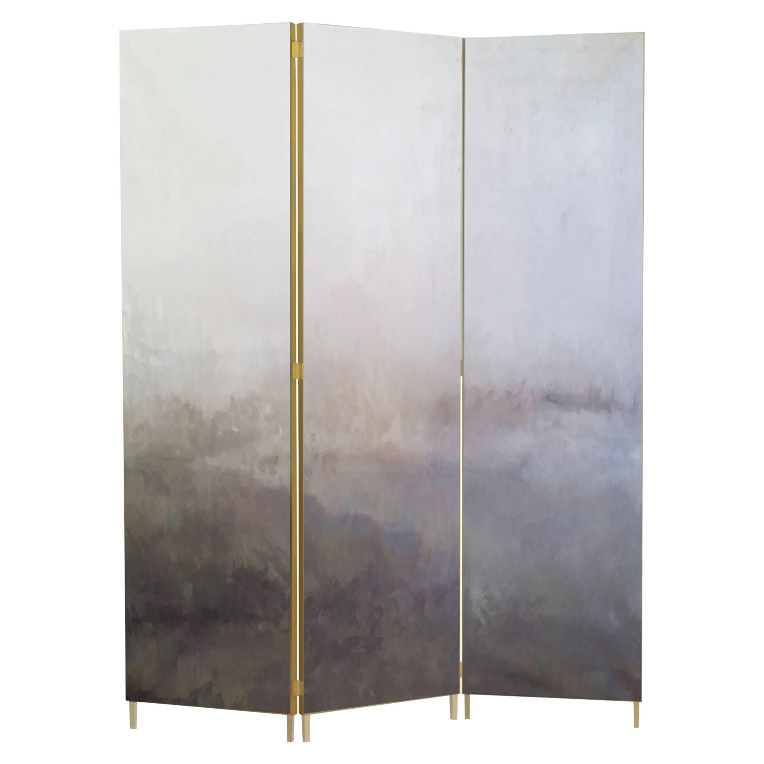 Paravento grigio dipinto a mano con cornice scultorea in ottone di Jan Garncarek in vendita