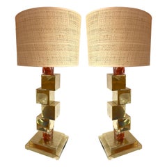Contemporary Pair of Brass Cube Lamps and Murano Glass, Italy