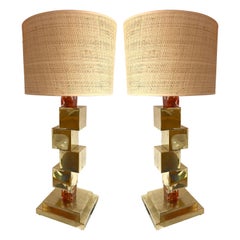 Contemporary Pair of Brass Cube Lamps and Murano Glass, Italy