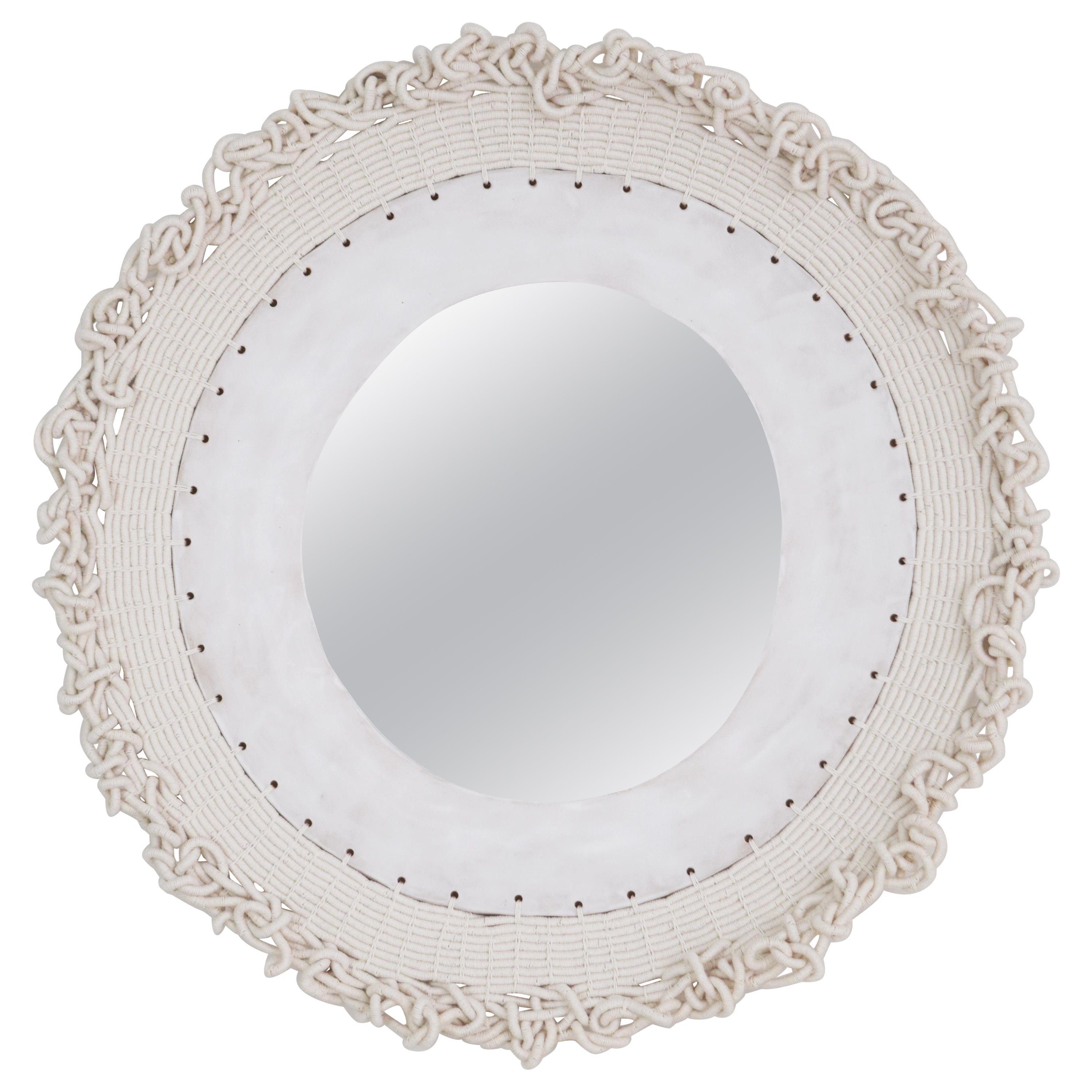 Handmade 30" Round Mirror #773, Woven White Cotton and White Glazed Ceramic