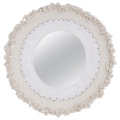 Handmade Round Mirror #773, Woven White Cotton and White Glazed Ceramic