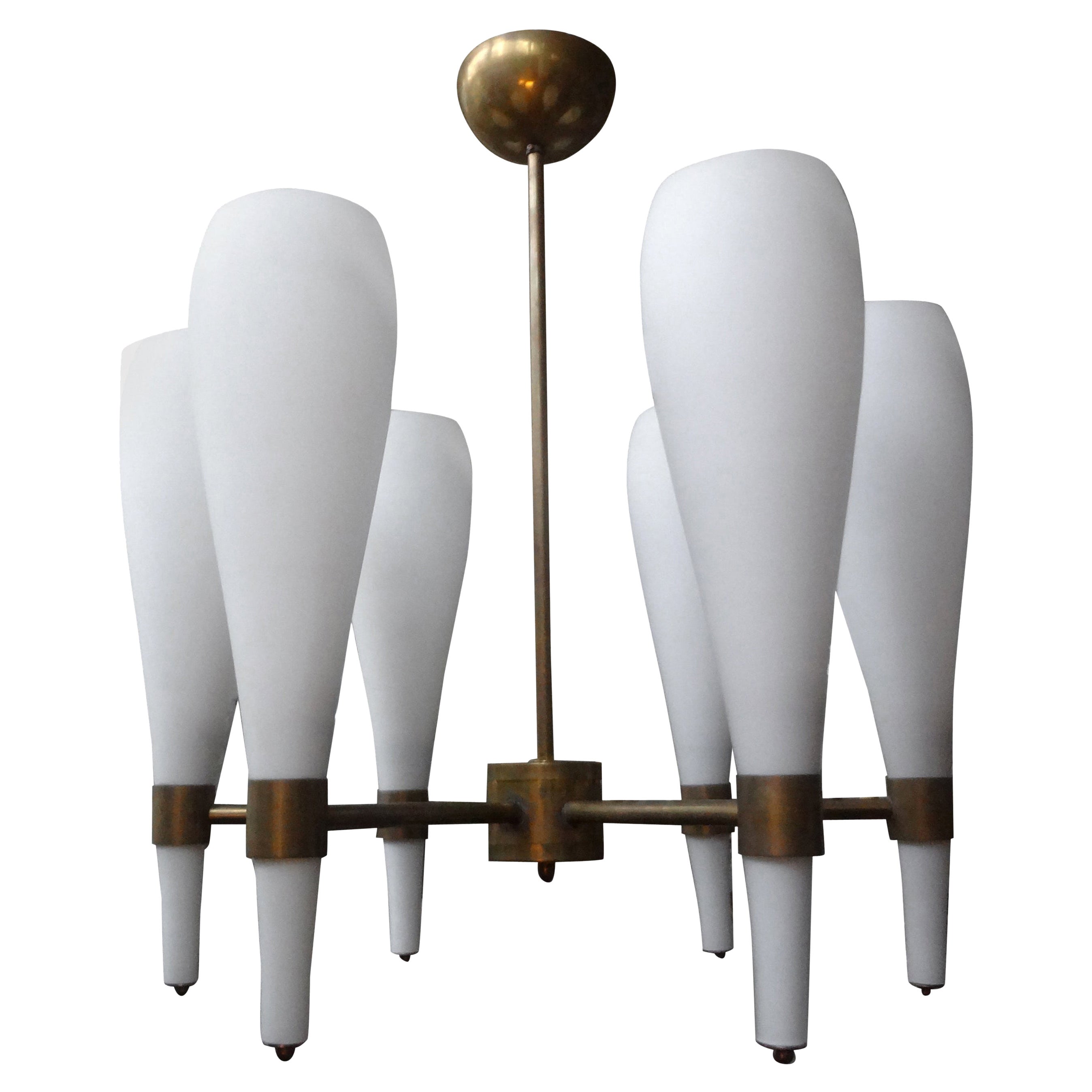 Italian Brass and Glass Modernist Chandelier-Fontana Arte Style