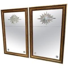 Pair of Regency Style Rectangular Sunburst Mirrors in Wood Gilt Frame