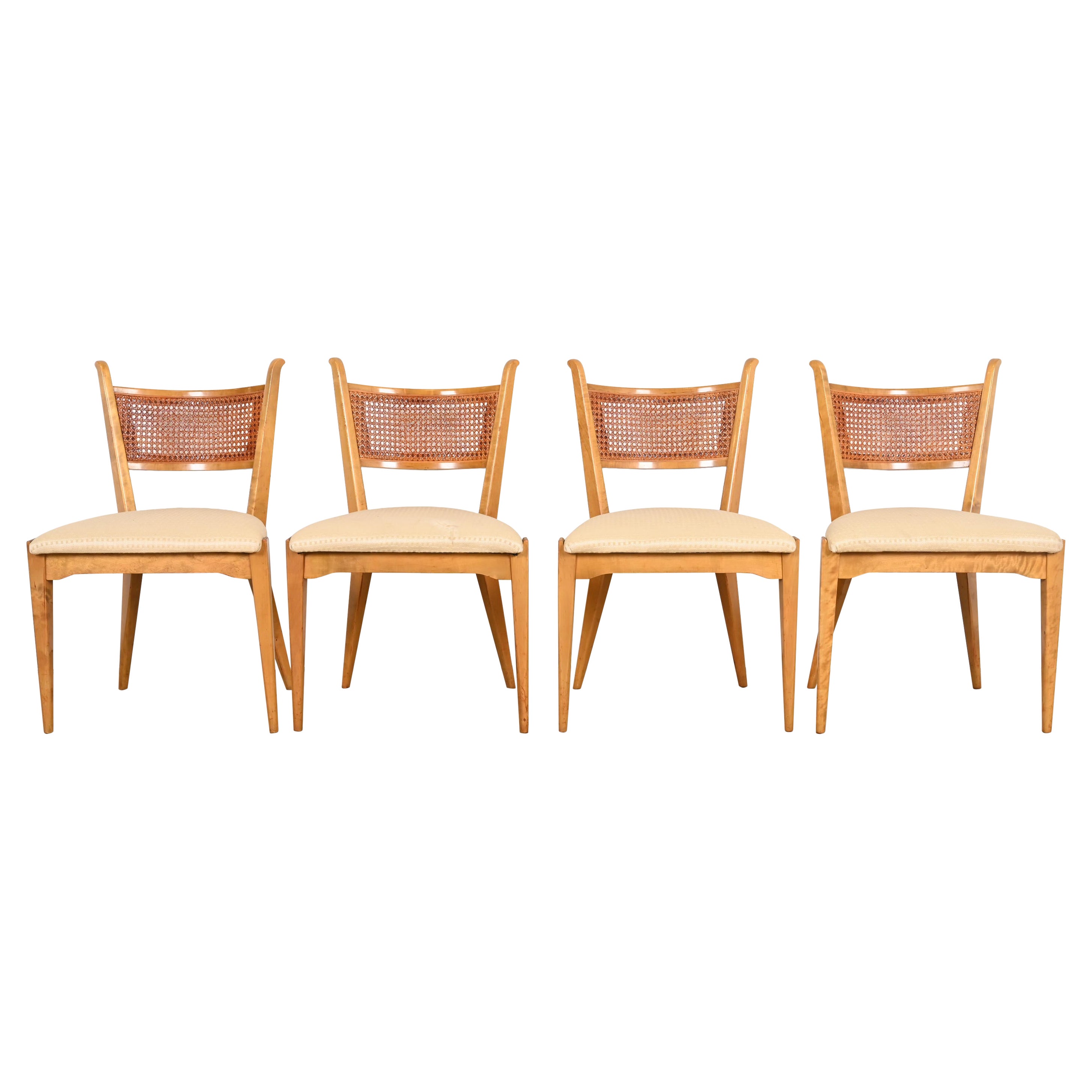Edmond Spence Swedish Modern Sculpted Maple and Cane Dining Chairs, Set of Four For Sale
