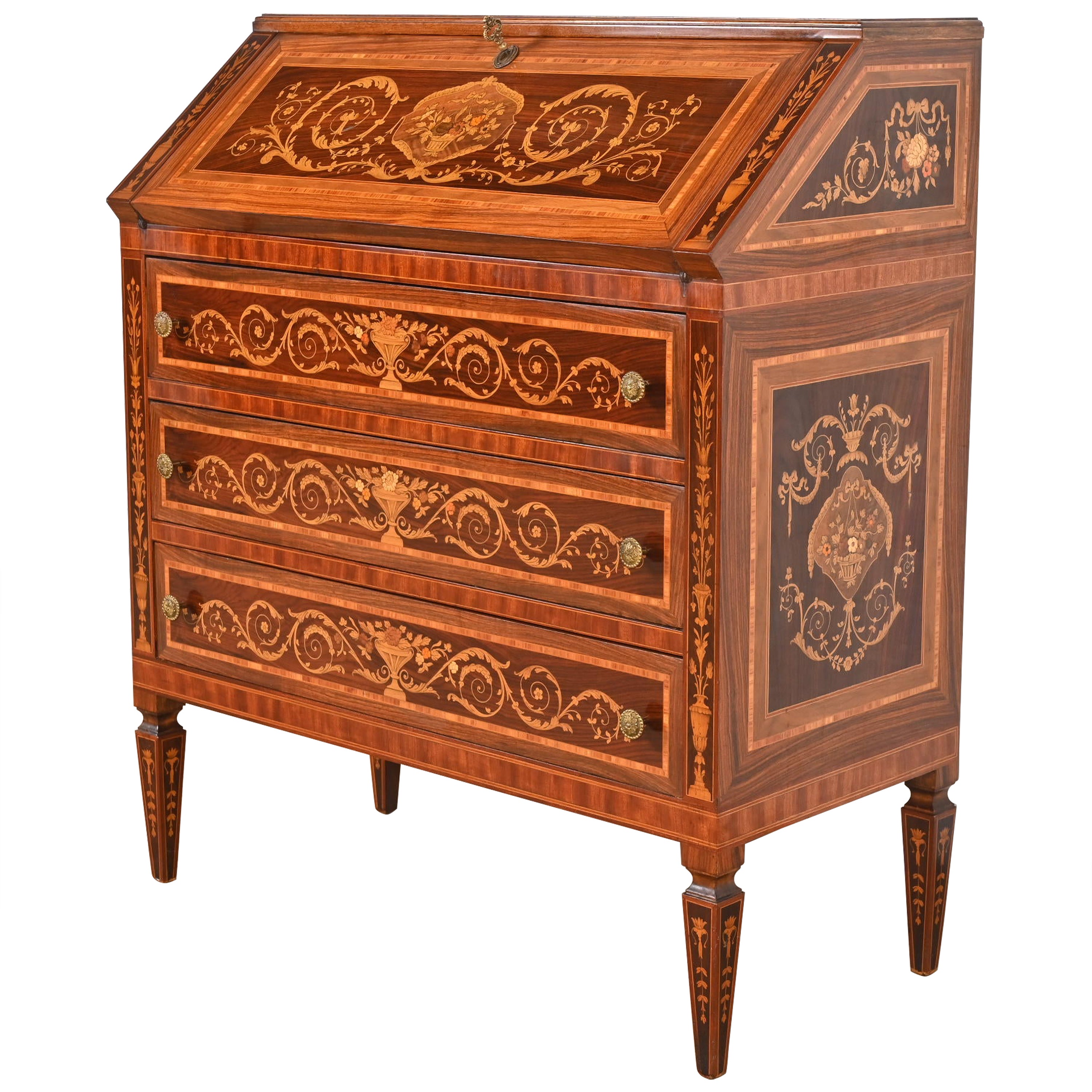 Italian Neoclassical Rosewood Inlaid Marquetry Slant Front Secretary Desk