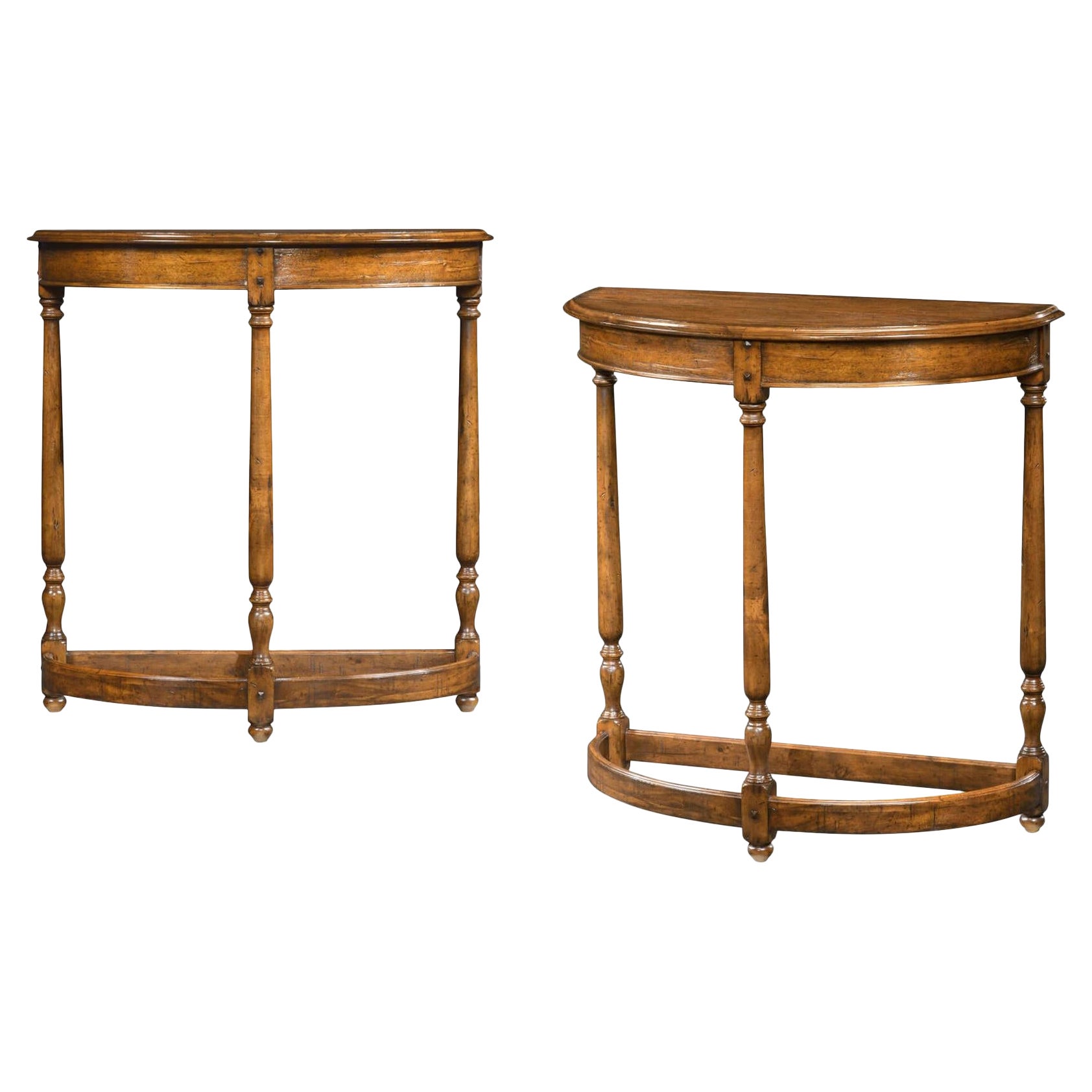 Pair of English Country Demilune Console Tables For Sale