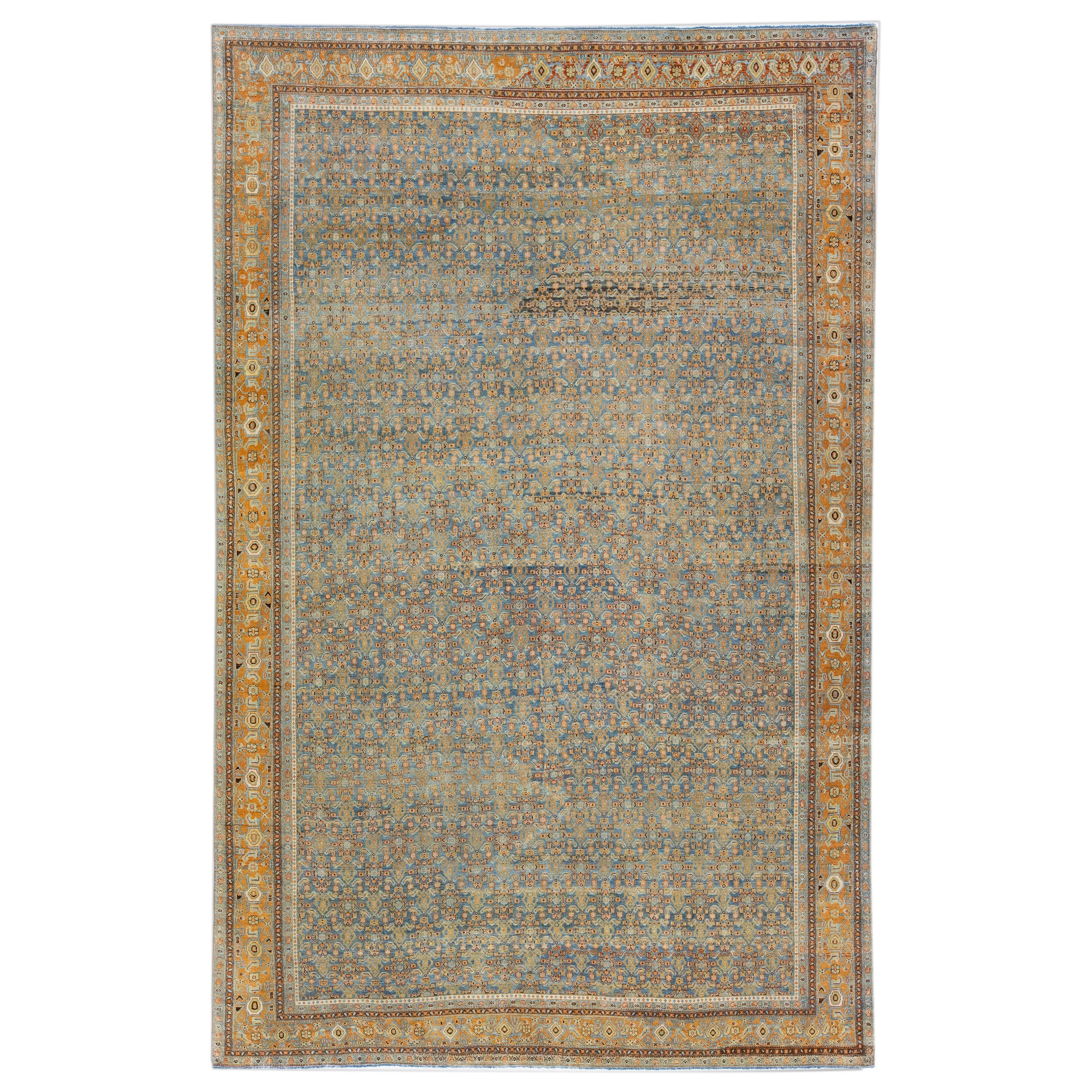 Allover Floral Handmade Antique Persian Malayer Wool Rug in Blue For Sale