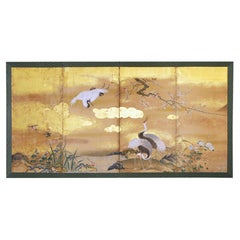 Edo Japanese Screen Gold Leaf Four Panels