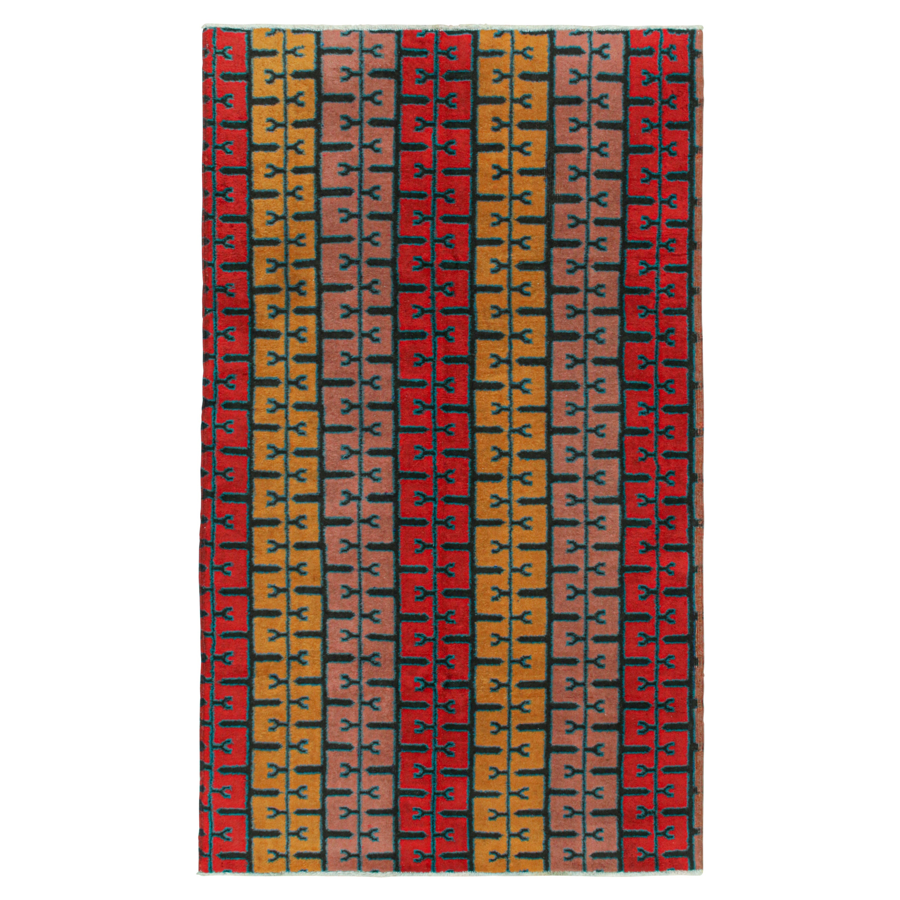 Vintage Zeki Müren Rug in Ochre, Red and Pink Geometric Patterns by Rug & Kilim For Sale