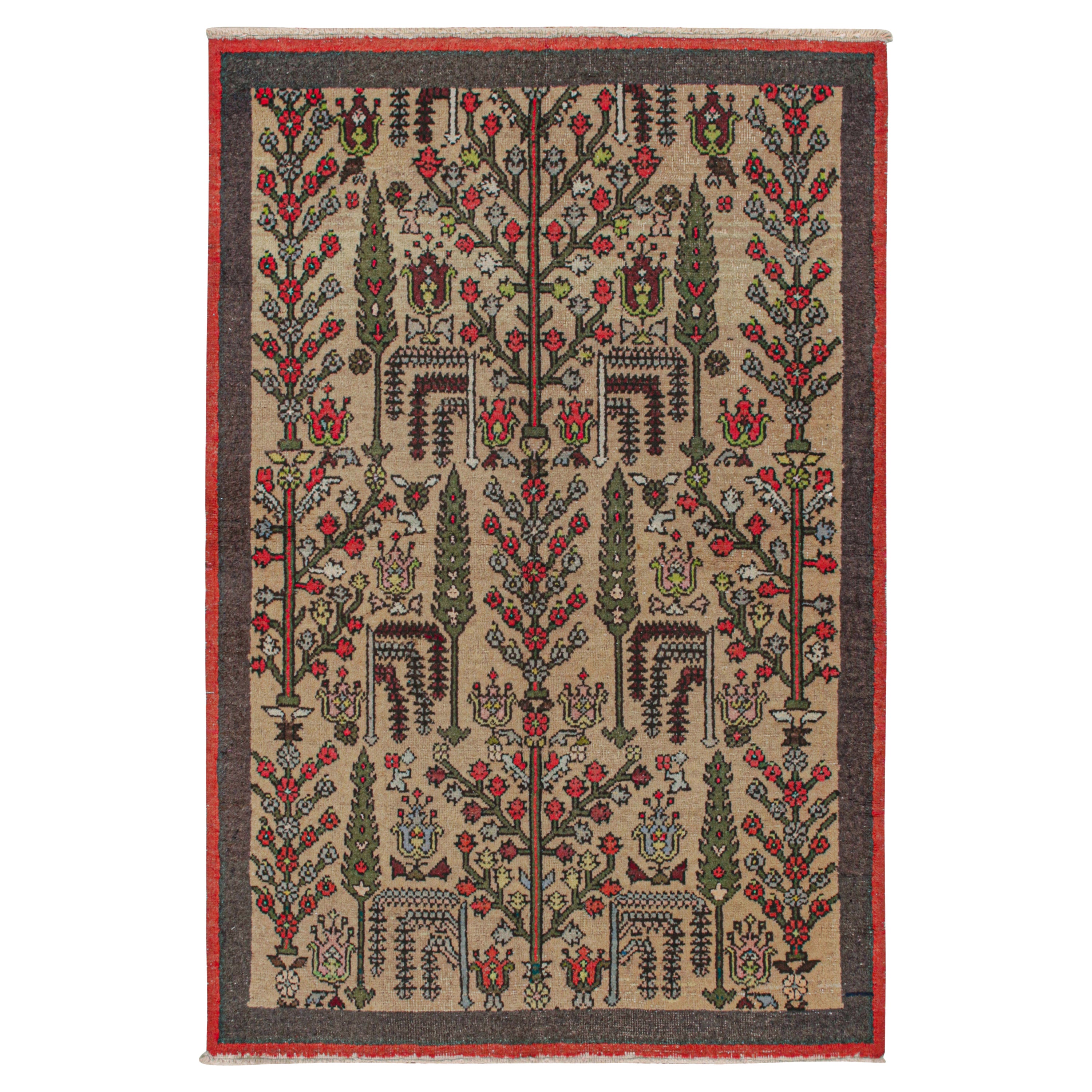 Vintage Runner in Beige with Green and Red Floral Patterns by Rug & Kilim For Sale