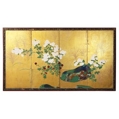 Antique Edo Landscape Japanese Folding Screen in Gold Leaf