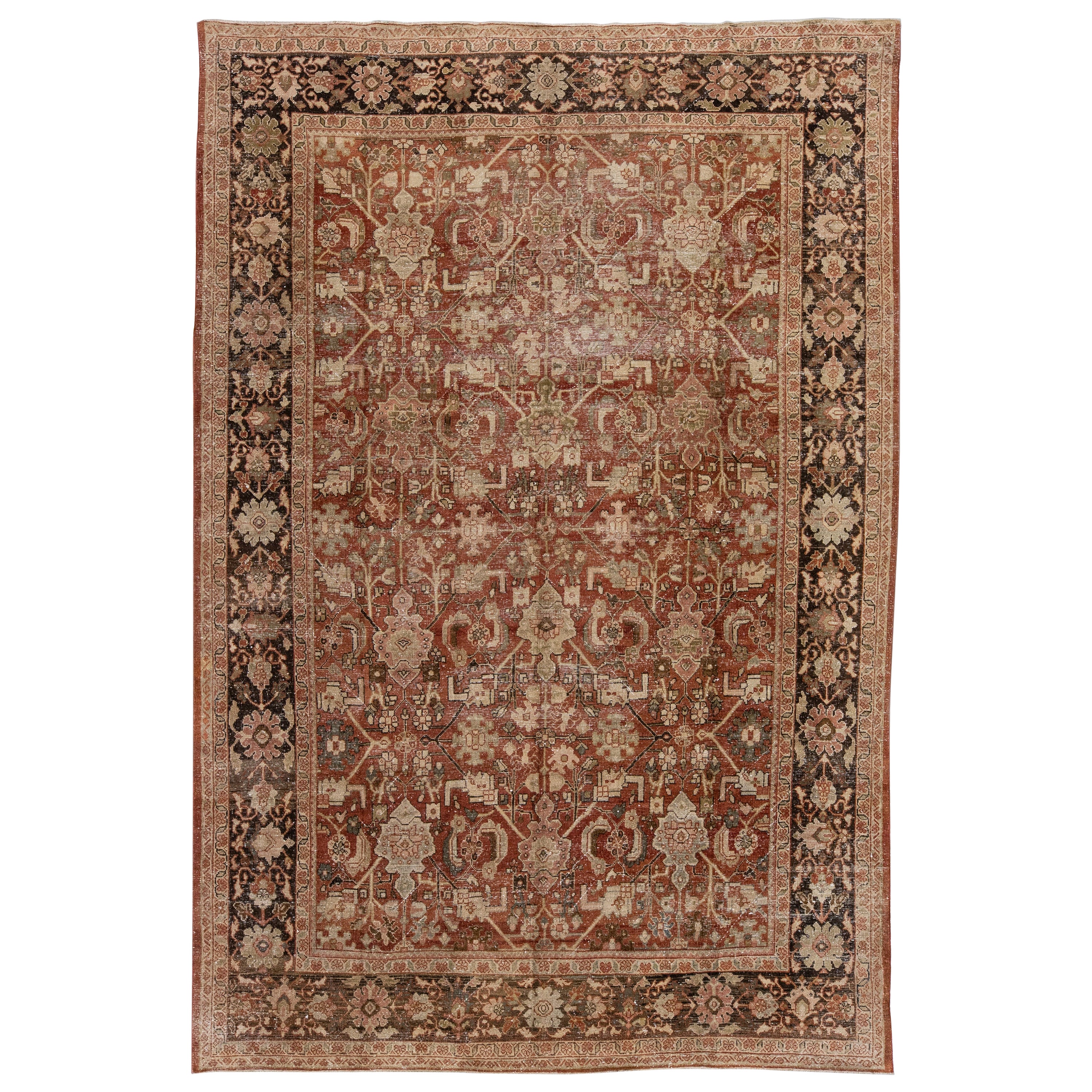 Handmade Antique Persian Mahal Floral Wool Rug in Rust For Sale